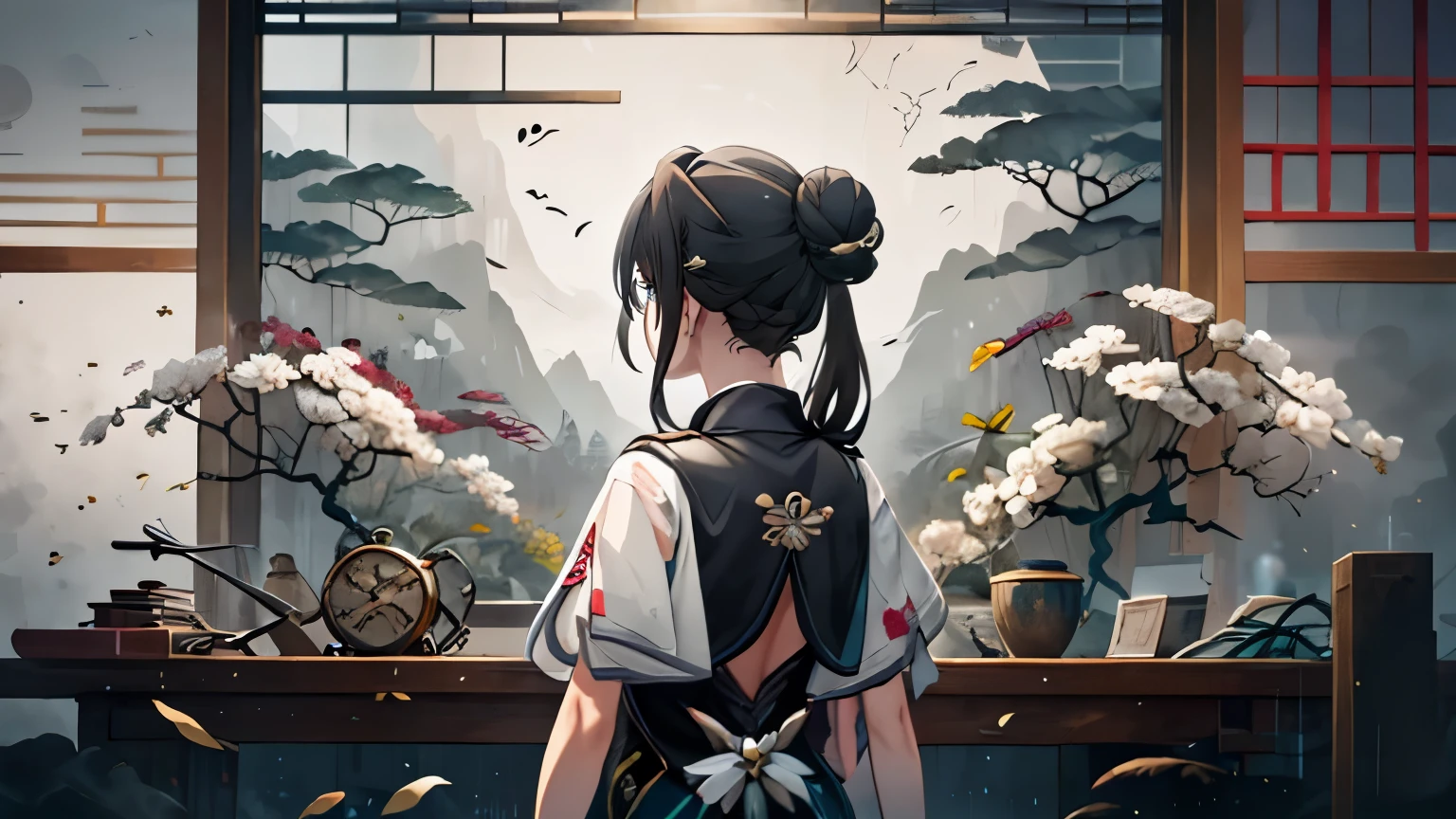 illustration of girl in scientist laboratory, interior, black hair, beakers, tools, facing away, back turned, sad expression, thinking expression, raining, mourning, equipment, not looking at camera, upper body, Chinese dress, qipao, turquoise eyes, black hair, tied hair, bun, biology, ink smudges, inky, abstract, Chinese aesthetic, Absurd, high resolution, ultra-detailed, (1 girl:1.3),