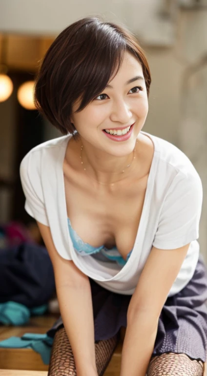 ((史上類を見ないmasterpiece、highest quality、woman, grin and laugh、erotic lingerie、sexy lingerie、down blouse、(leaning forward:1.3)、(oversize tshirt、Loose-fitting T-shirt、Low Cut T-Shirt:1.2)、(highest quality、8K、32K、masterpiece)、(Detailed bra)、Japanese、squat、one&#39;s home、blurred background、close up of chest、entrance、skirt、joined、physical education sitting