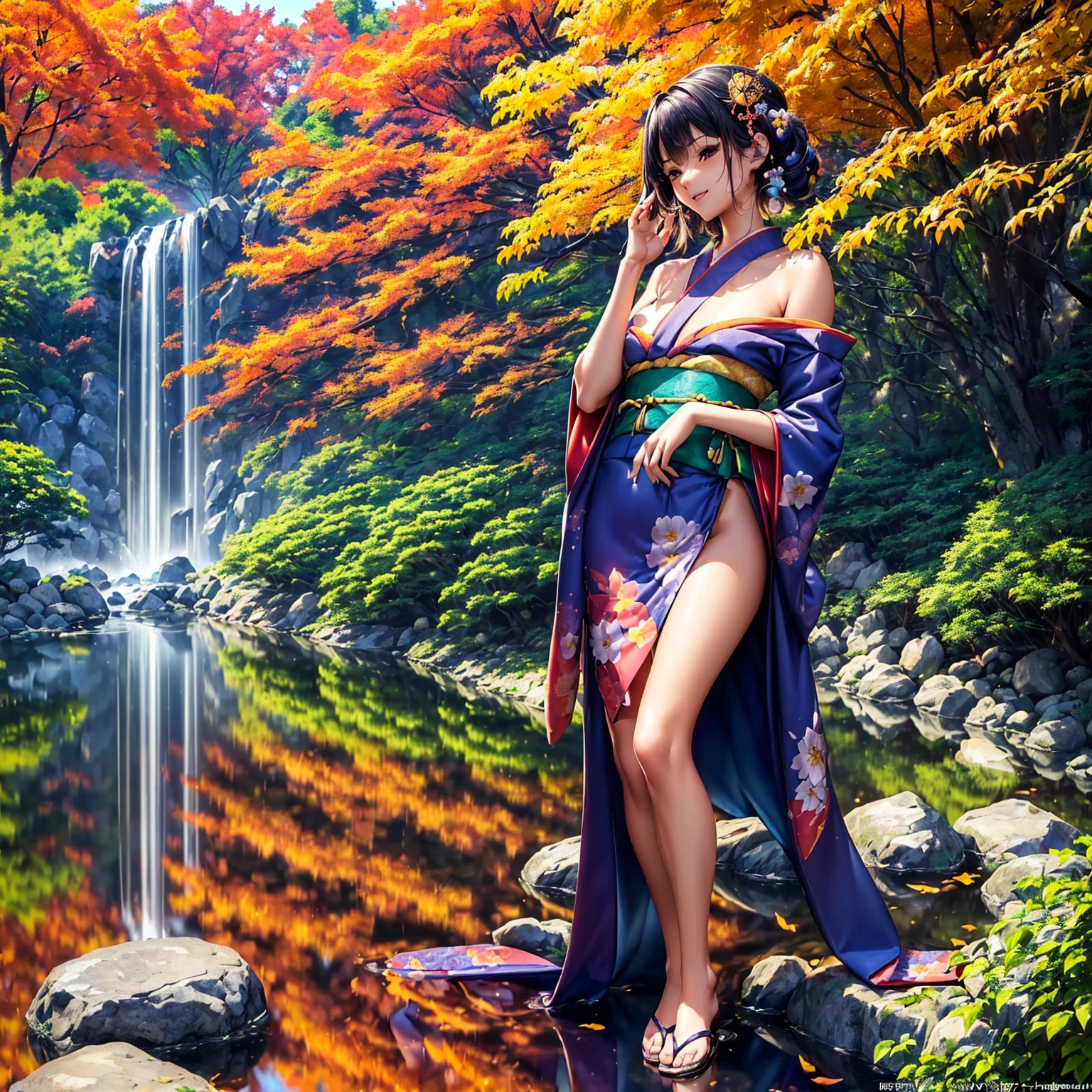 (((highest quality、masterpiece、very high resolution、highly detailed images、detailed details)))、(A woman of perfect and ultimate beauty:18-year-old, beautiful body、beautiful face、beautiful hair,bright smile)、(Slender and beautiful body, best skin and hair texture)、(((japanese kimono:Beautiful, floral and colorful,shoulders are exposed,I can see my thighs))),((Japanese garden:Beautiful autumn leaves,mysterious night sky,natural light,beautiful scenery,beautiful scenery,Beautiful colors)),(beautiful pose,model shoot,Hair flutters under the influence of the wind),bijinga,realistic portrait,Overall image、accurate image、accurate anatomy、Image without defects,(best shot,RAW photo:1.2)