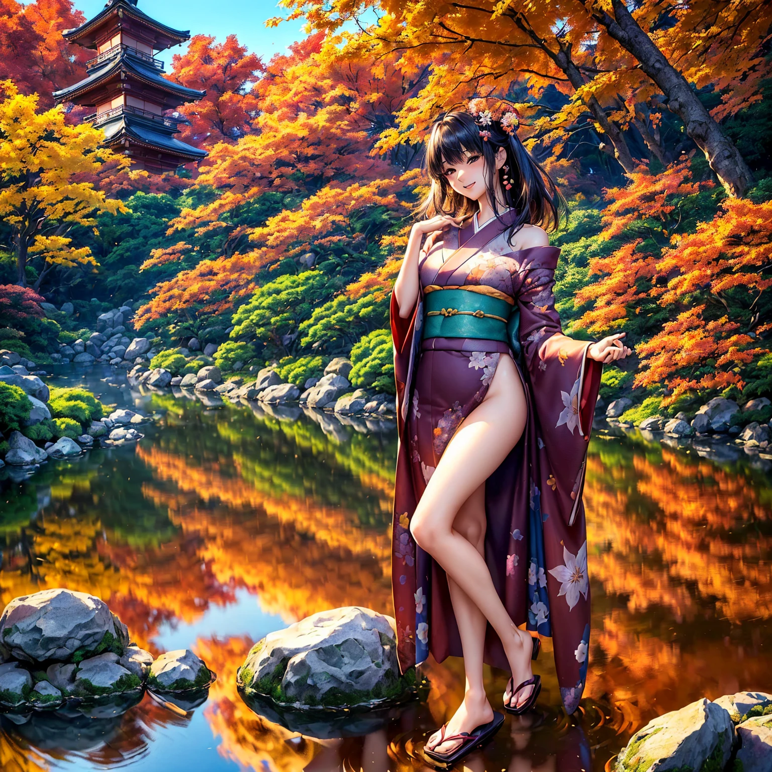 (((highest quality、masterpiece、very high resolution、highly detailed images、detailed details)))、(A woman of perfect and ultimate beauty:18-year-old, beautiful body、beautiful face、beautiful hair,bright smile)、(Slender and beautiful body, best skin and hair texture)、(((japanese kimono:Beautiful, floral and colorful,shoulders are exposed,I can see my thighs))),((Japanese garden:Beautiful autumn leaves,mysterious night sky,natural light,beautiful scenery,beautiful scenery,Beautiful colors)),(beautiful pose,model shoot,Hair flutters under the influence of the wind),bijinga,realistic portrait,Overall image、accurate image、accurate anatomy、Image without defects,(best shot,RAW photo:1.2)