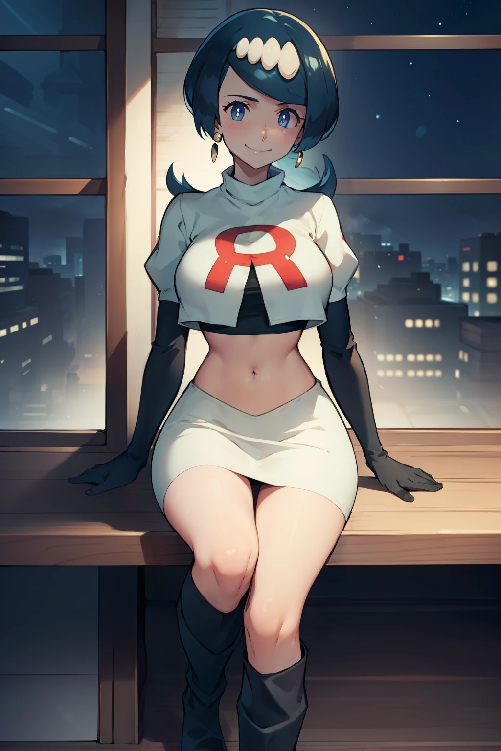 lanamother, long hair, white pupils, hair ornament, ,earrings, glossy lips ,team rocket uniform, red letter R, white skirt,white crop top,black thigh-high boots, black elbow gloves, evil smile, sitting down ,legs crossed, night sky background