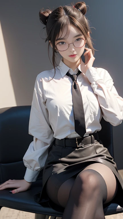 1 girl,solo,Bangs,blue eyes,skirt,brown hair,shirt,long sleeves,sitting,Printed pantyhose,tie,Glasses,有领shirt,belt,mini skirt,黑色skirt,bun,nail polish,uniform,black pantyhose,Chair,单bun,蓝色shirt,Red nails,黑色tie,pencil skirt,pocket,黑色belt,brown pantyhose,Chest pocket,police,policeuniform,女police,360 degree holography,lean forward,Face close to camera,AR convex lens,3D effect,three-dimensional sense,Fantasy,dream,ultra wide angle lens,Projected lights,The limbs support the ground,Lying down starting position ,Four sided lens