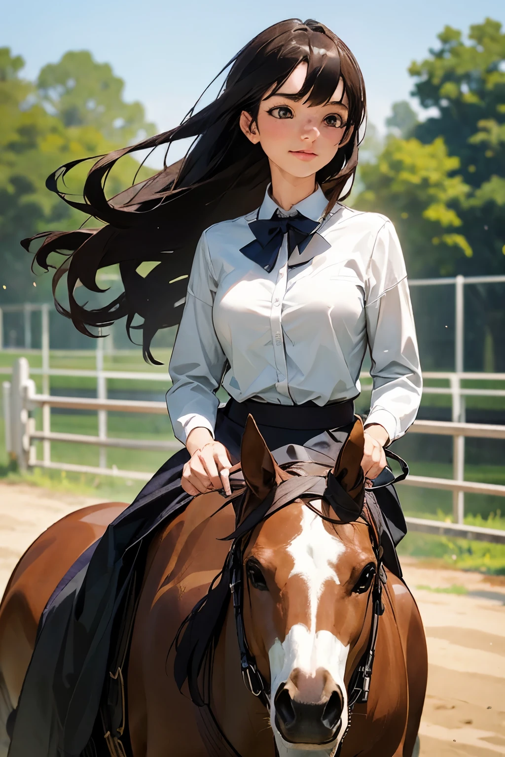 Realistic photo of a young woman in her 30s, Innocent idol style, dressed as a professional horse rider, in equestrian gear, on a horse, at a riding stable, conveying the elegance and skill of horseback riding.