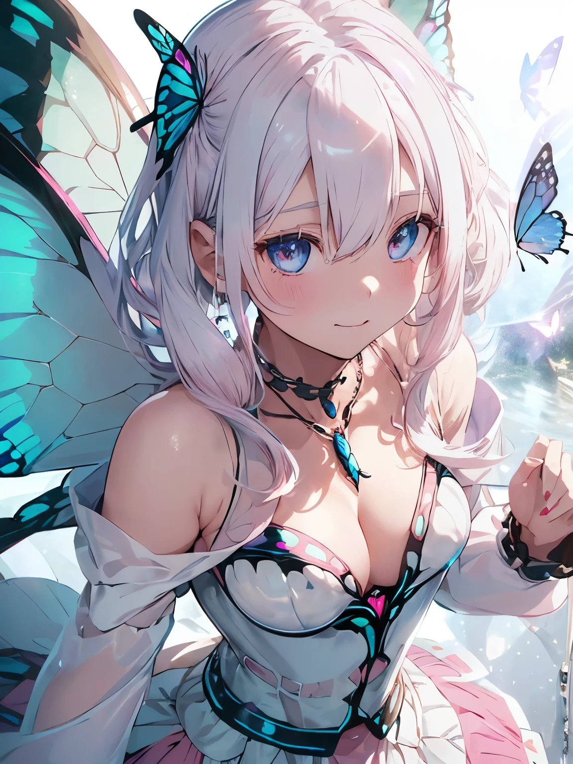 (character//1 girl,((slightly pink white hair:1.2)),(With bangs),(long hair),(Hair with only the tips curled:1.3),BREAK ((blue eyes)),(The inside of your eyes is so clear and beautiful),((small breasts:1.3)),(cleavage:1.3),(slight blush),(A smile that looks like it was made for you),BREAK (fashion//((android:1.2)),((machine body)),(Blue and silver armor like a warrior maiden),(voluminous skirt:1.2),Off-the-shoulder long sleeves,(chain necklace and jewelry),The cuffs of the sleeves are soft),((Transparent butterfly wings on the back)),BREAK (background//A fantasy space where butterflies fly around),(close up of face),(Beautiful with diffused reflection of light:1.3),BREAK pose//((combat readiness:1.2))