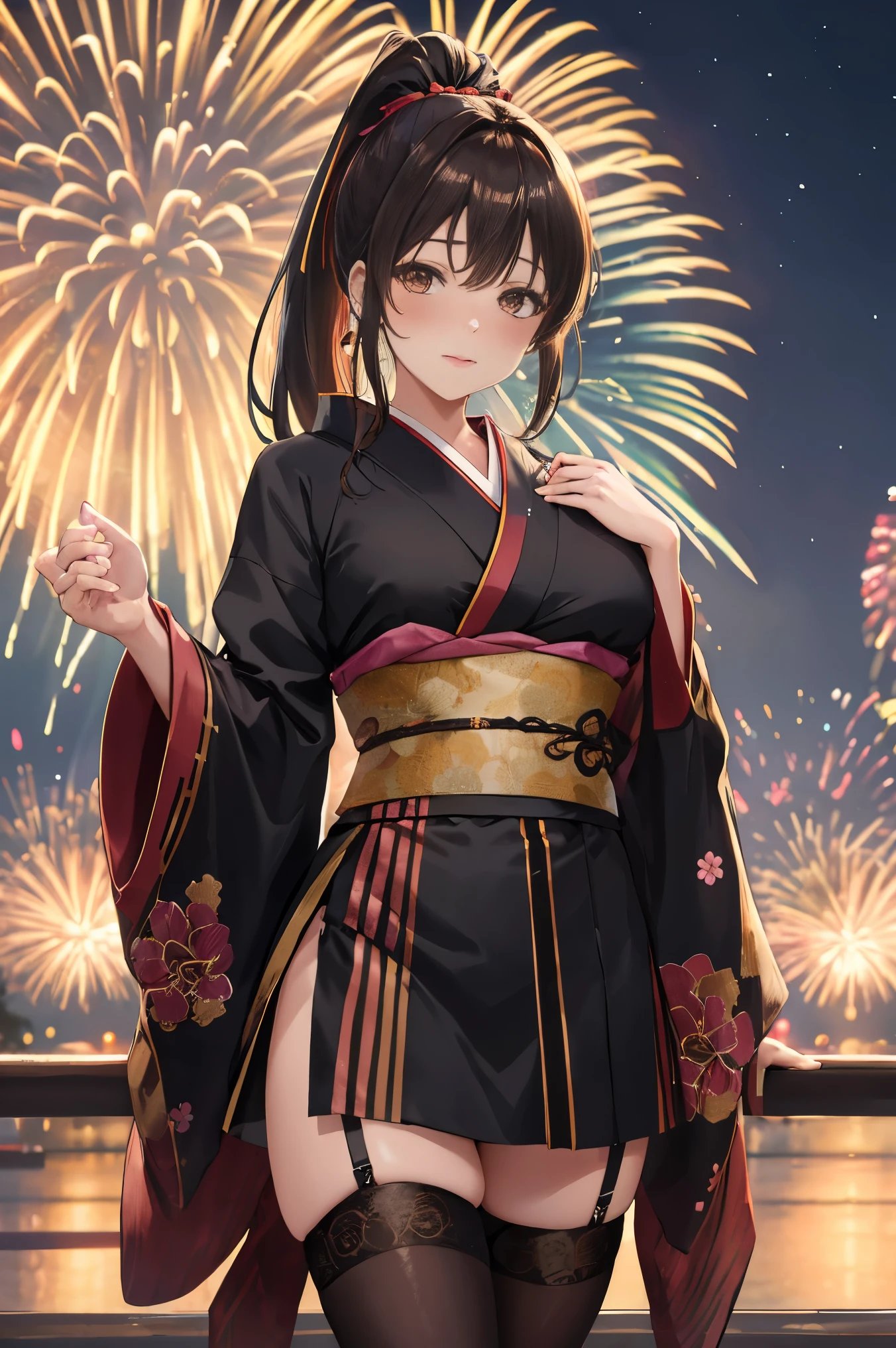 "anime girl, 1 person, dark brown hair, ponytail, ponytail, hairpin, brown eyes, kimono, dark brown kimono, elaborate patterned outfit, stockings, large breasts, blushing , solo, view from different directions, night, festival, New Year's Eve fireworks, watch fireworks (full HD Image 4K+)"