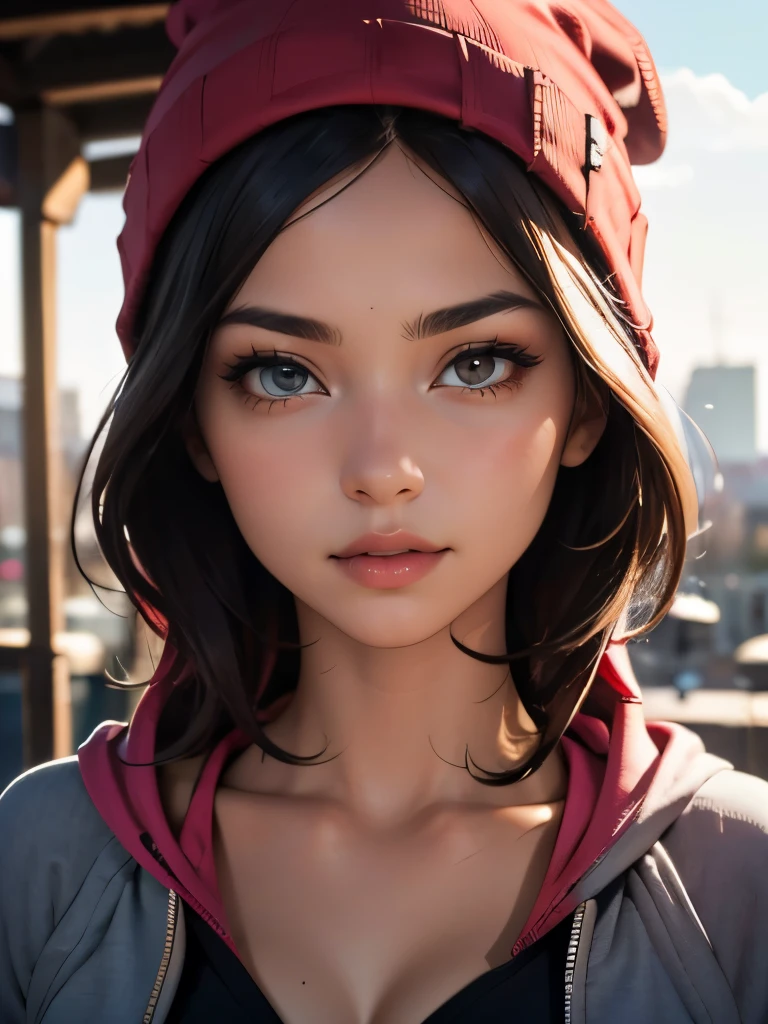 (((HD photo))), ultra high res.photorealistic:. 1.4, UHD, masterpiece, trending on artstation, upper body shot, close up shot of her face and cleavage, pretty, cute girl, most beautiful in the world, perfect hips, soft, delicate, long dark hair, slim body, large breasts, nsfw, wearing black beanie::1.5, wearing grey hoodie::1.5, sunkissed, morning city background