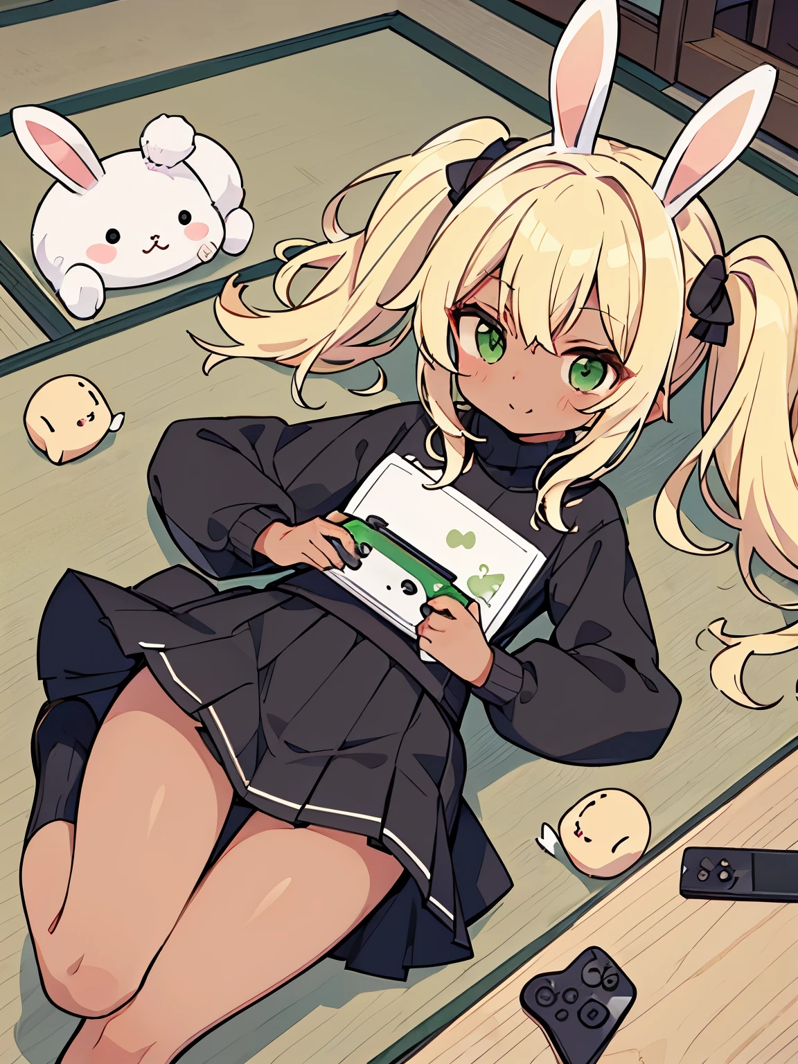 cute, tatami, blonde, green eyes, brown skin, rabbit ears,Rabbit, twin tails, black turtleneck and white skirt, portable game console, It's rolling around, I'm playing a game, Tsundere, たくさんのRabbit, Deformed