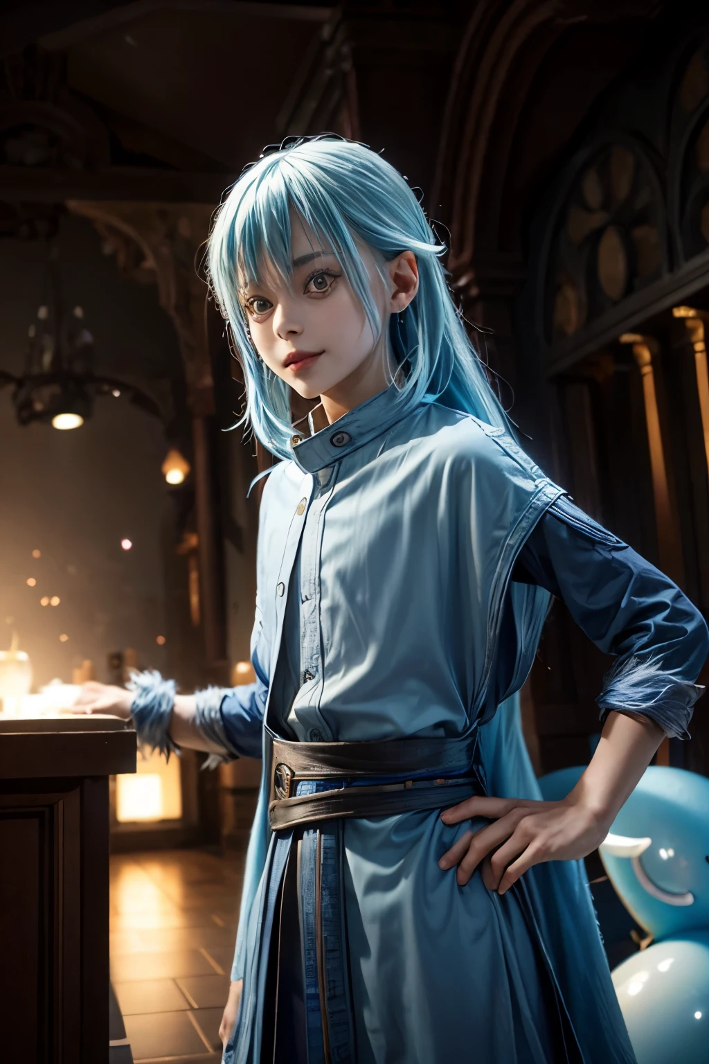 a boy, Rimuru Tempest((Tessie shitara slime datta ken)), blue hair,yellow_eyes, focus male, UHD, retina, ccurate, masterpiece, anatomically correct, textured skin, high details, super detail, high quality, award winning, best quality, highres, 1080P, photorealistic photo, ultra high res, neutral smiling face, light passig through hair,Masterpiece, wearing ,rimuru_tempest, cowboy_shot.