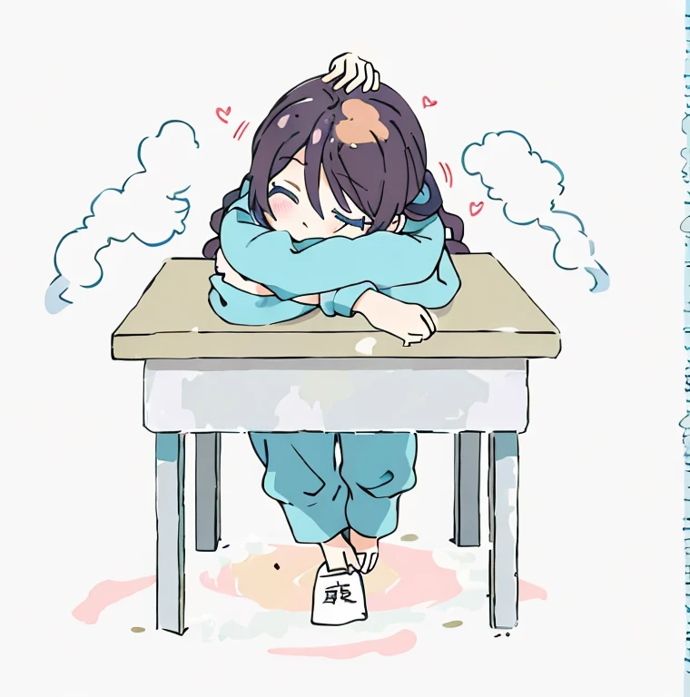 穿裙子的 坐在办公桌前 Rest your head on your hands,  bored expression,  anime girl squatting, sit on the table, Rest your head on your hands, sleepy expression, in a cold position,  anime style, There are people next to it