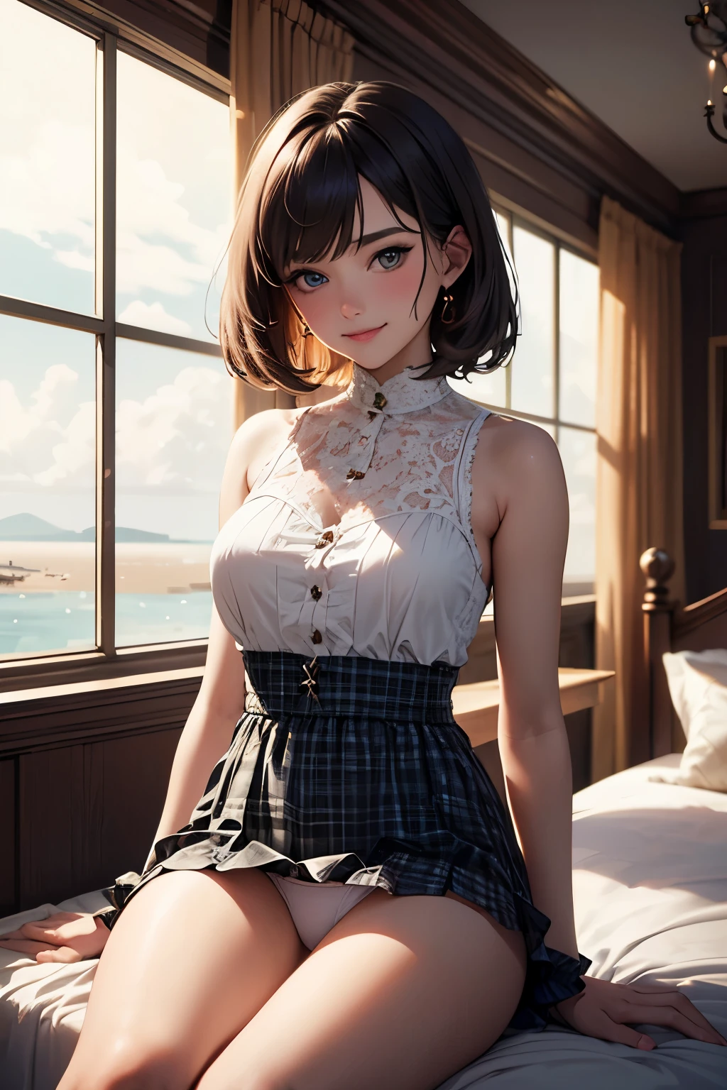 very cute and beautiful girl sitting near window,(yellow plaid summer dress with detailed frills),sleeveless,detailed lace,(spread legs),(white panties:1.12), (highly detailed beautiful face and eyes:1.2),antique hotel bedroom with outside view,distant trees and ocean, cowboy shot,(smile:1.2),blush,medium hair,black hair, (best quality,masterpiece:1.2),absurdres,highres,ultra-detailed,extremely detailed,32k,8k resolution, intricate details,cinematic scene,detailed background,solo,dynamic angle, natural lighting,light particles,beautiful detailed sky,