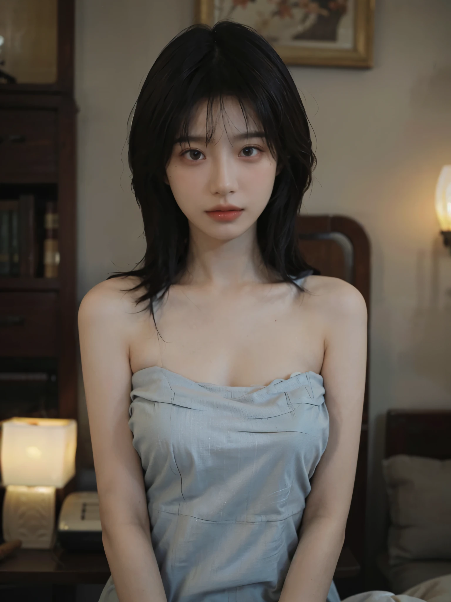 Film portrait photography, 1 girl, bare shoulders, Shoulder length wavy hair, serene, calm, (Realistic and detailed eyes, natural skin texture, Realistic facial details), Soft dramatic lighting, depth of field, Bokeh,cleavage, Vibrant details, Detailed and detailed, surreal, 35mm film, hazy, ,