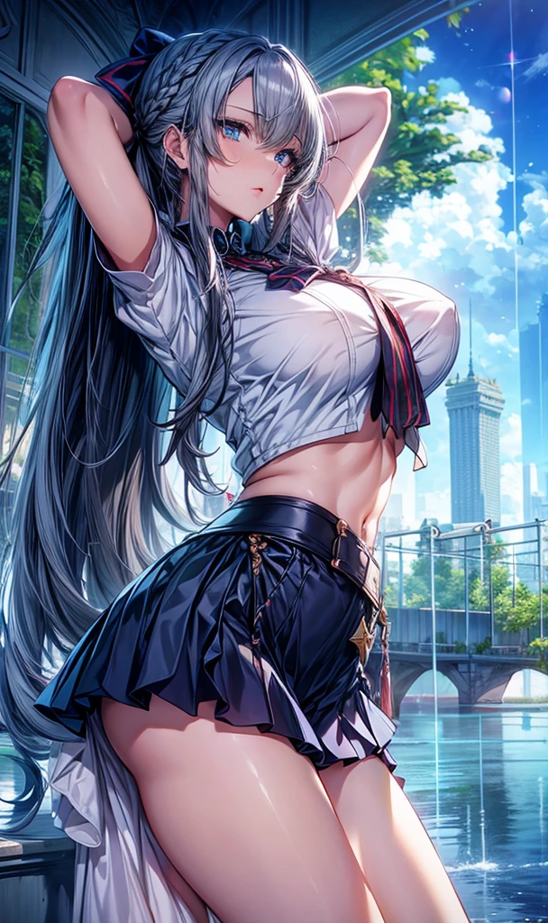 （Enrich the picture，Masterpiece level quality）Beautiful 8K CG artwork,1girl,solo,morgan le fay (fate),detailed face, perfect face, perfect eyes,blue eyes,Long Hair, pony tail,Very long hair, big boob, black bow,Hair Bow, thighs,side locks, French braid, grey hair,Slim and soft,big breasts,anatomically correct body,