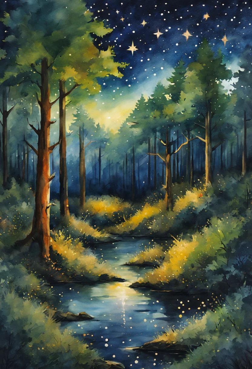(melhor qualidade, obra de arte aguarela ) uma floresta com um campo estrelado com estrelas cadentes de noite estilo aquarela ( com estrelas e uma estrela cadente , no ceu norturno em uma floresta )