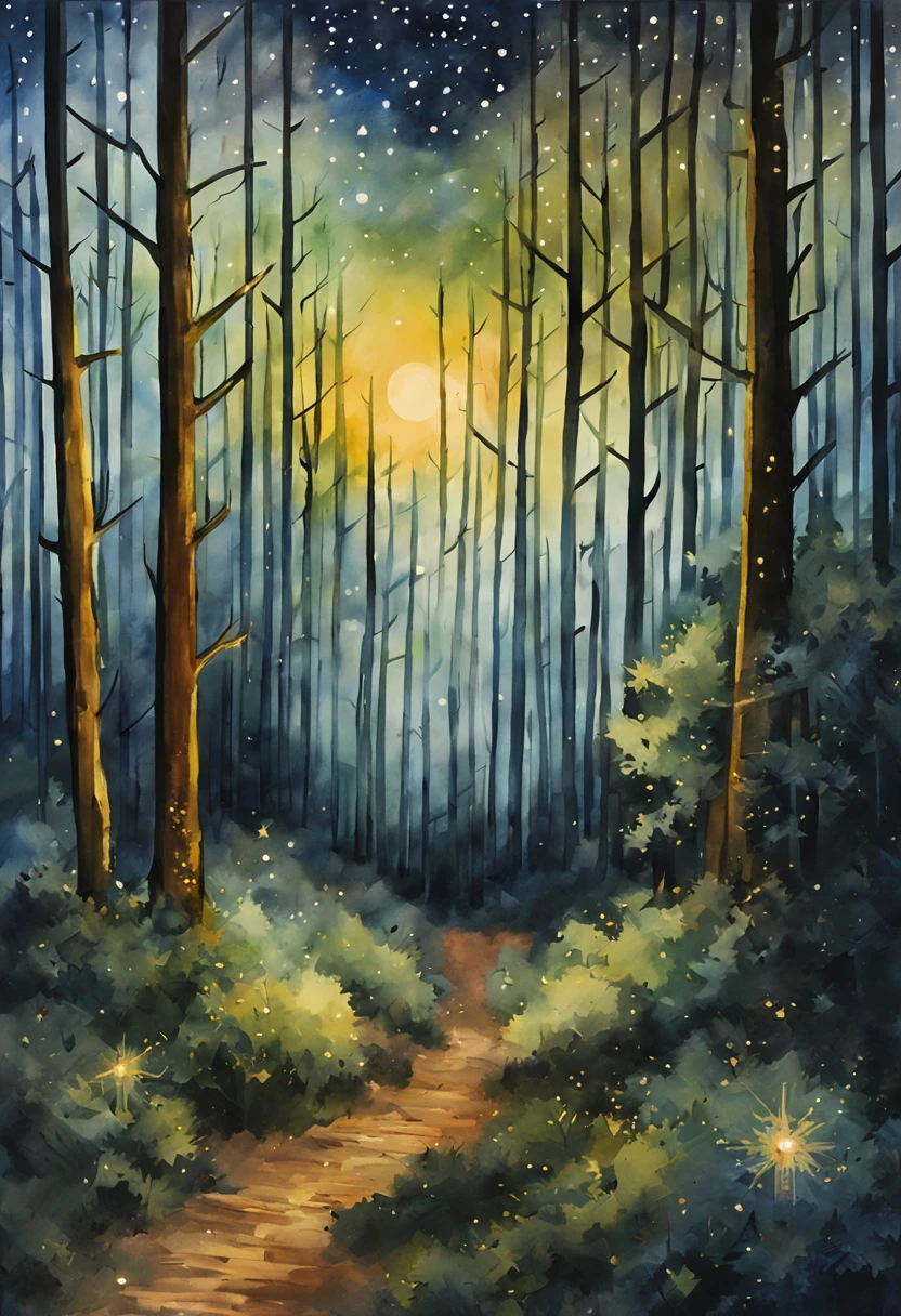 (melhor qualidade, obra de arte aguarela ) uma floresta com um campo estrelado com estrelas cadentes de noite estilo aquarela ( com estrelas e uma estrela cadente , no ceu norturno em uma floresta )
