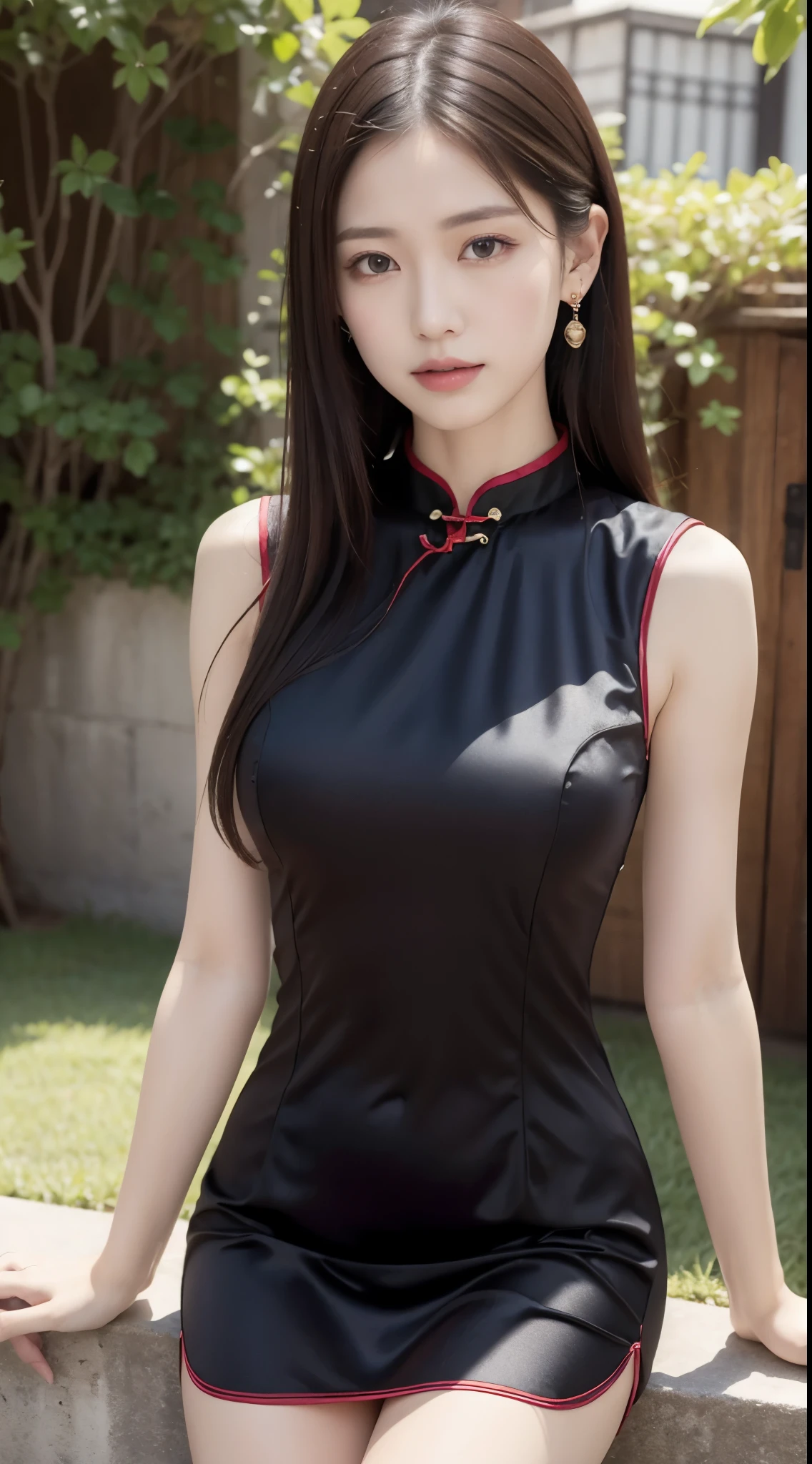 highest quality, best image quality, highest resolution, Super detailed, cheongsam clothing, Sleeveless cheongsam, The material of the cheongsam is satin, shiny and、It is soft and smooth to the touch., tight cheongsam dress, No underwear is worn, Breast C cup, Full body shot that includes the face, The target audience is one person, Shot outdoors, soaking wet, sweaty,