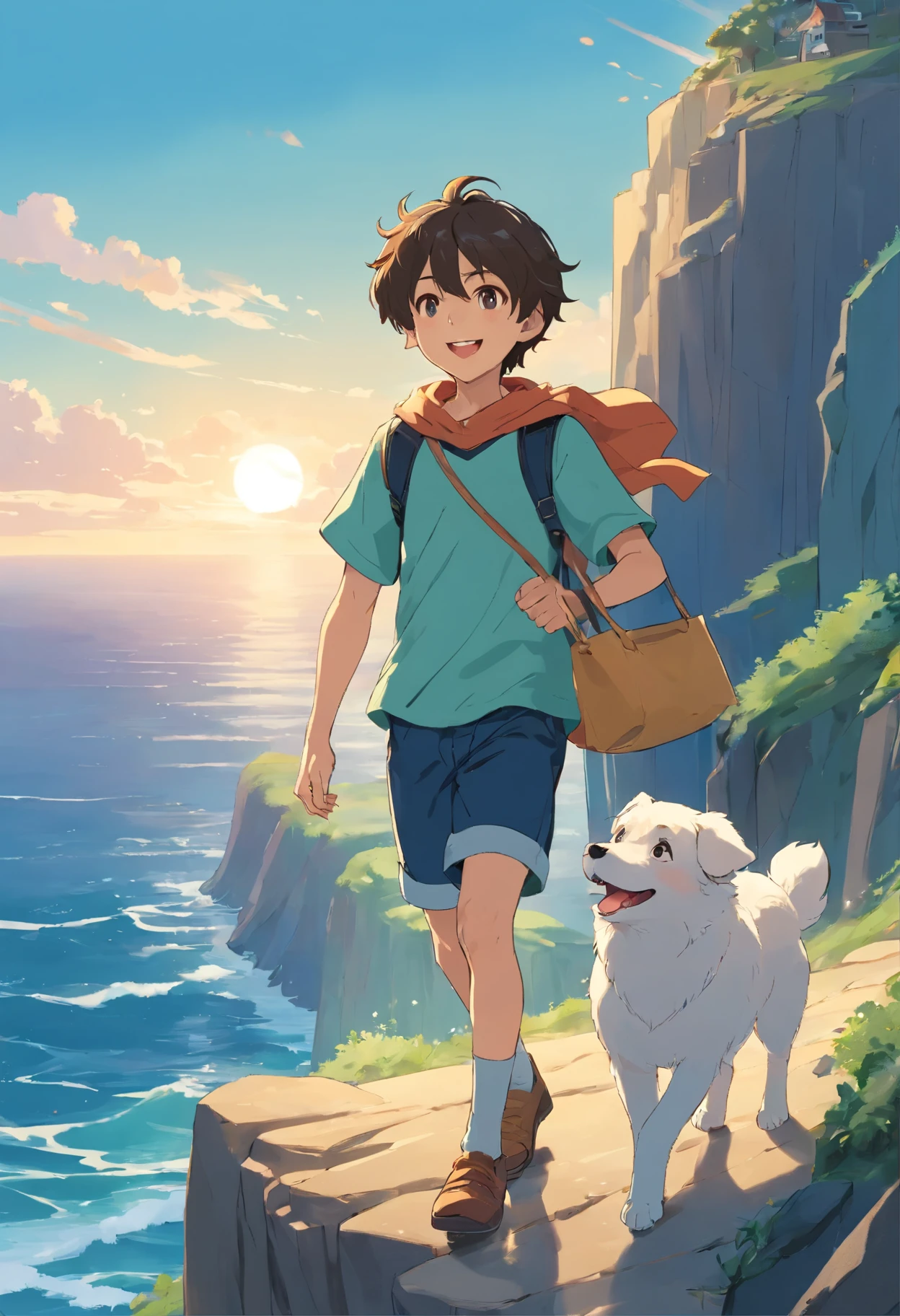 Universal Weight Tarot Card No. 0 The Fool, A smiling boy with a happy expression standing on a cliff by the sea holding a bag, A white puppy is barking and following from afar..