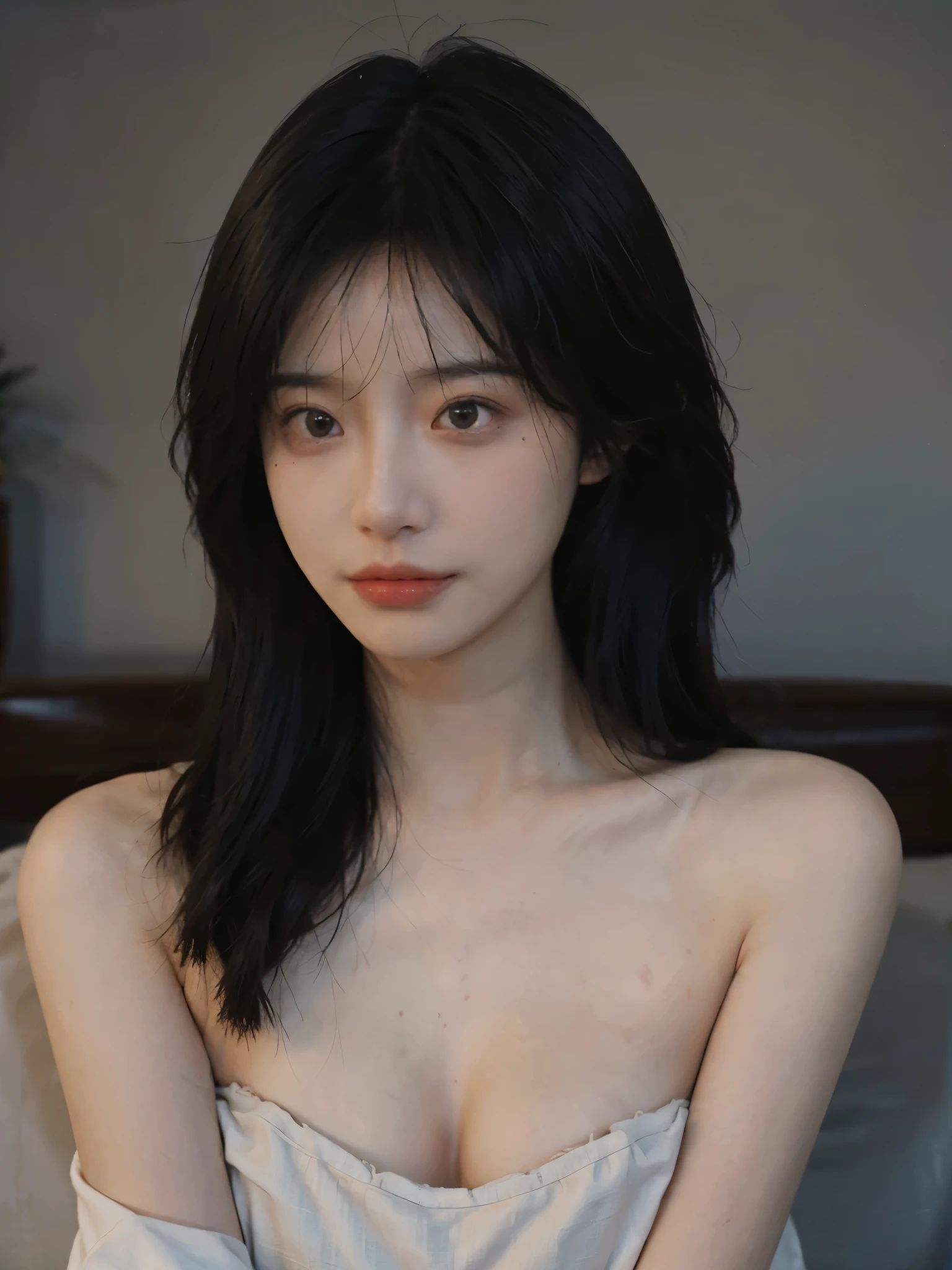 Film portrait photography, 1 girl, bare shoulders, Shoulder length wavy hair, serene, calm, (Realistic and detailed eyes, natural skin texture, Realistic facial details), Soft dramatic lighting, depth of field, Bokeh,cleavage, Vibrant details, Detailed and detailed, surreal, 35mm film, hazy, ,