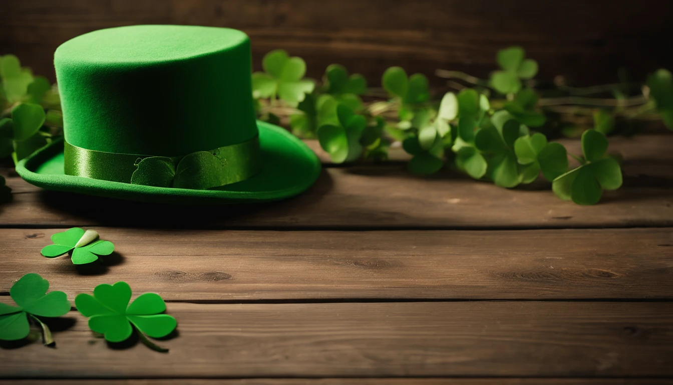 A high-resolution image showcasing a blank St. Patrick’s Day template, with a rustic wooden background, empty spaces for text or graphics, and decorative elements like clovers or Irish flags, providing a warm and inviting setting for personalized designs.