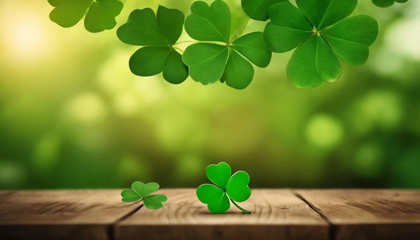 A high-resolution image showcasing a blank St. Patrick’s Day template, with a rustic wooden background, empty spaces for text or graphics, and decorative elements like clovers or Irish flags, providing a warm and inviting setting for personalized designs.