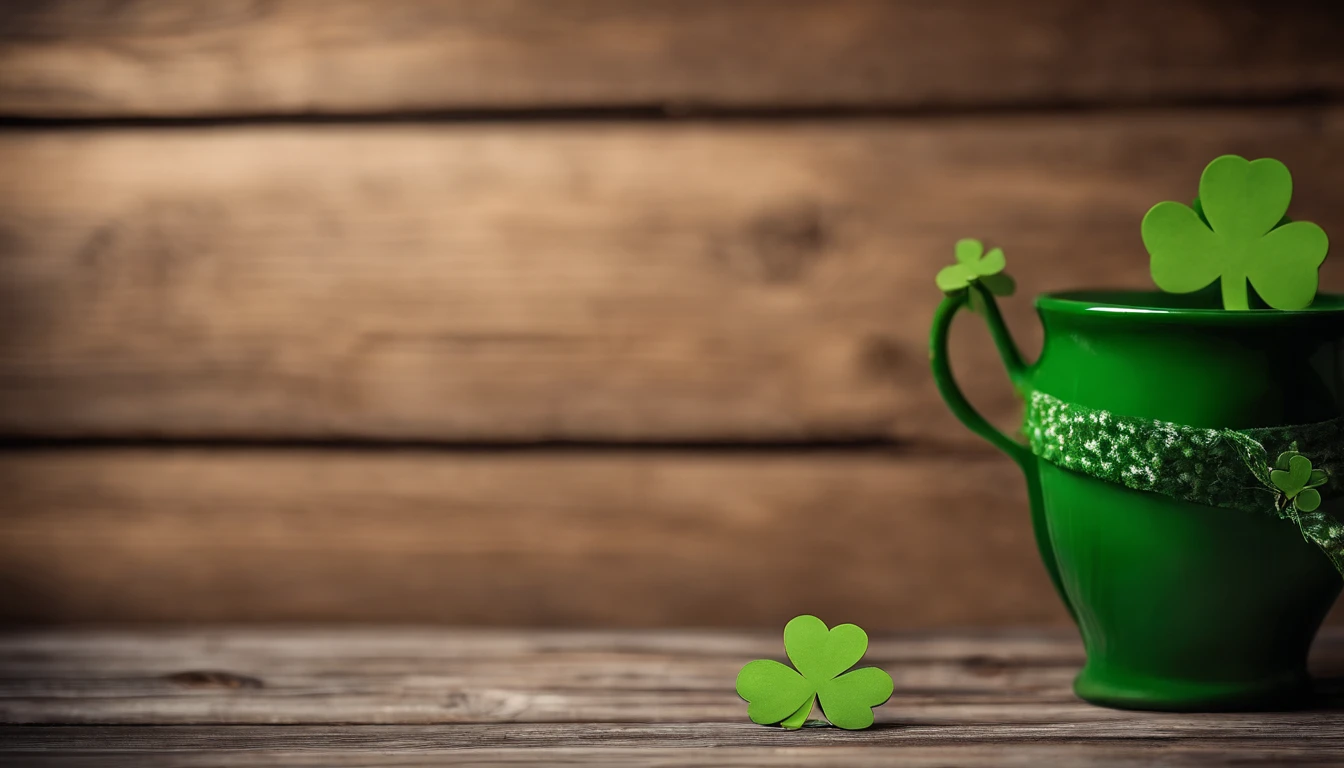 A high-resolution image showcasing a blank St. Patrick’s Day template, with a rustic wooden background, empty spaces for text or graphics, and decorative elements like clovers or Irish flags, providing a warm and inviting setting for personalized designs.