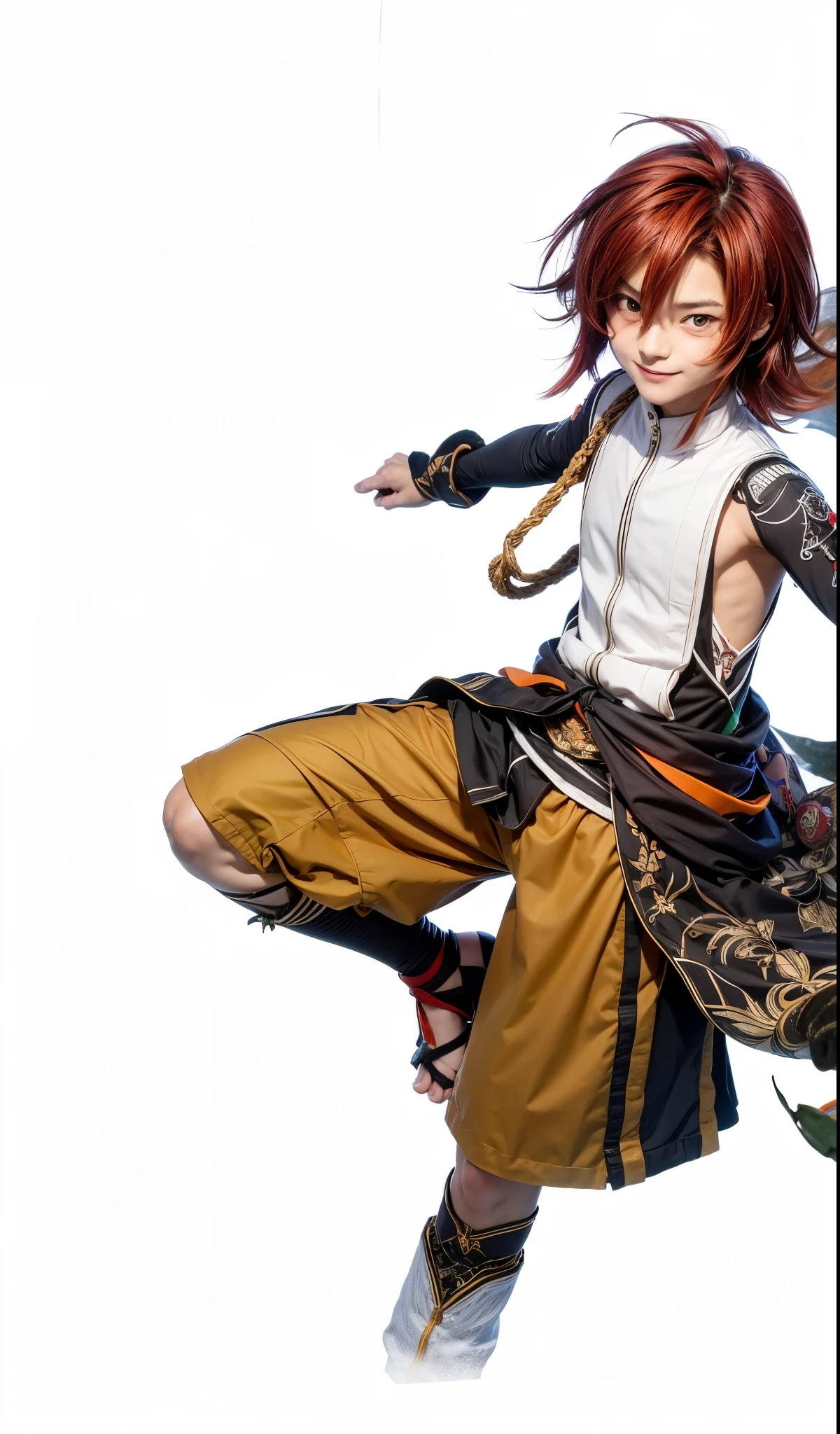 Shikanoin heizou, genshin impact, inazuma, male, teenage, red hair, green eyes, white top, black arm sleeve, orange short, black sock, slipper, friendly smiling