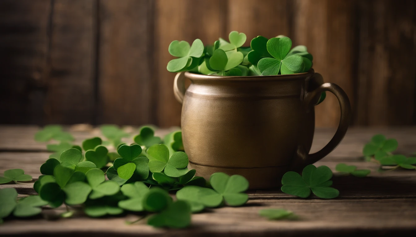 A high-resolution image showcasing a blank St. Patrick’s Day template, with a rustic wooden background, empty spaces for text or graphics, and decorative elements like clovers or Irish flags, providing a warm and inviting setting for personalized designs.