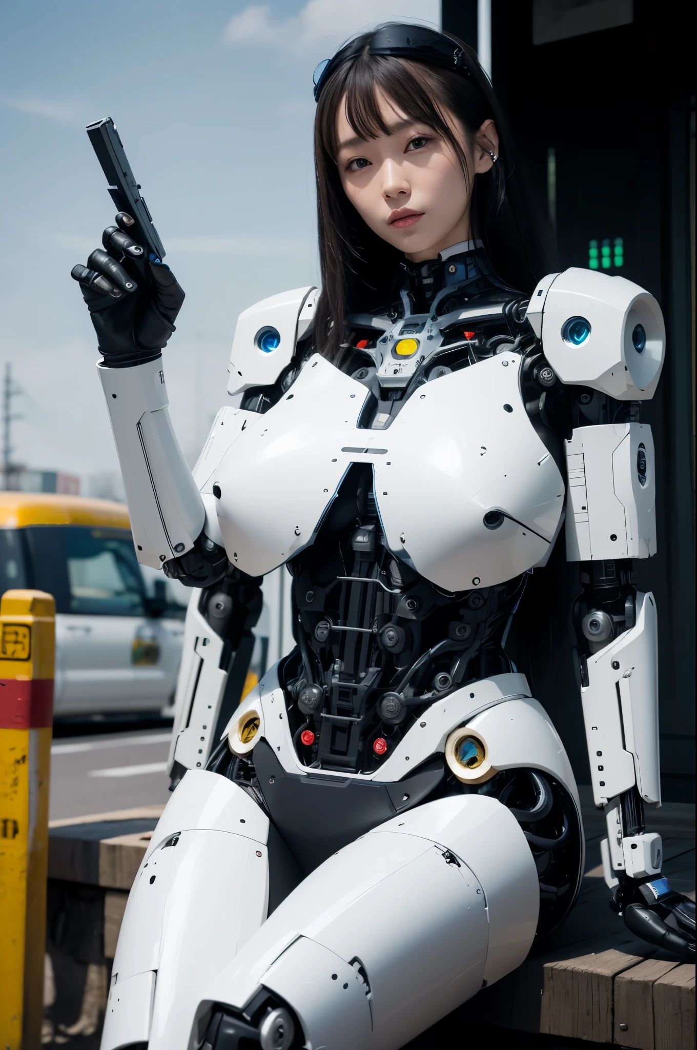 masterpiece, best quality, extremely detailed, Japaese Cyborg girl,Plump , control panels,android,Droid,Mechanical Hand, Robot arms and legs, Black Robot Parts,Black hair,Mechanical body,Blunt bangs,White robotics parts,perfect robot girl,long tube,thick cable connected her neck,ceramic body ,mechanical body, mechanical ear cover, mechanical costume,android,robot,humanoid,cyborg,japanese android woman ,mechanical chest,full eyes,future laboratory,connecting a cable between the legs,