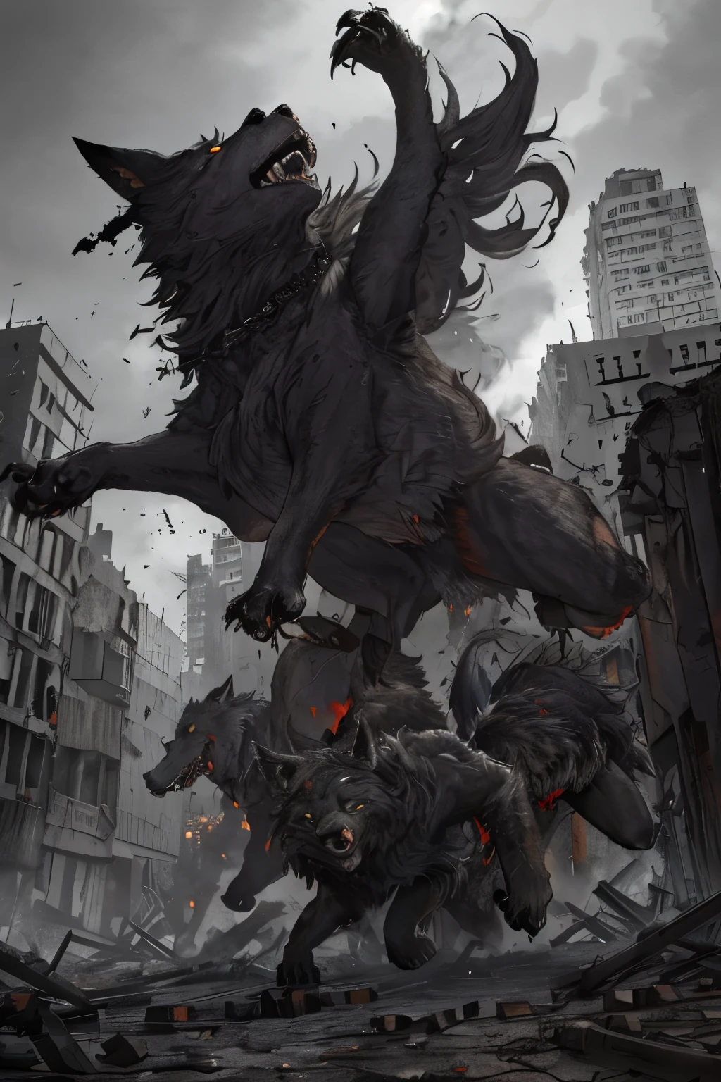 Imagine a high-resolution 9:16 canvas, shrouded in a dark, gritty urban environment evocative of a war-torn cityscape. The scene is dominated by a formidable pack of seven wolves, huddled together with eyes aglow, their menacing intent palpable. Their obsidian-hued fur starkly contrasts with the muted tones of the rundown buildings and scattered rubble. The wolves' facial expressions display raw rage, their bared fangs and wide, bloodthirsty eyes conveying a primal hunger. With bodies taut and poised for attack, their synchronized movements exude both elegance and calculated precision.

