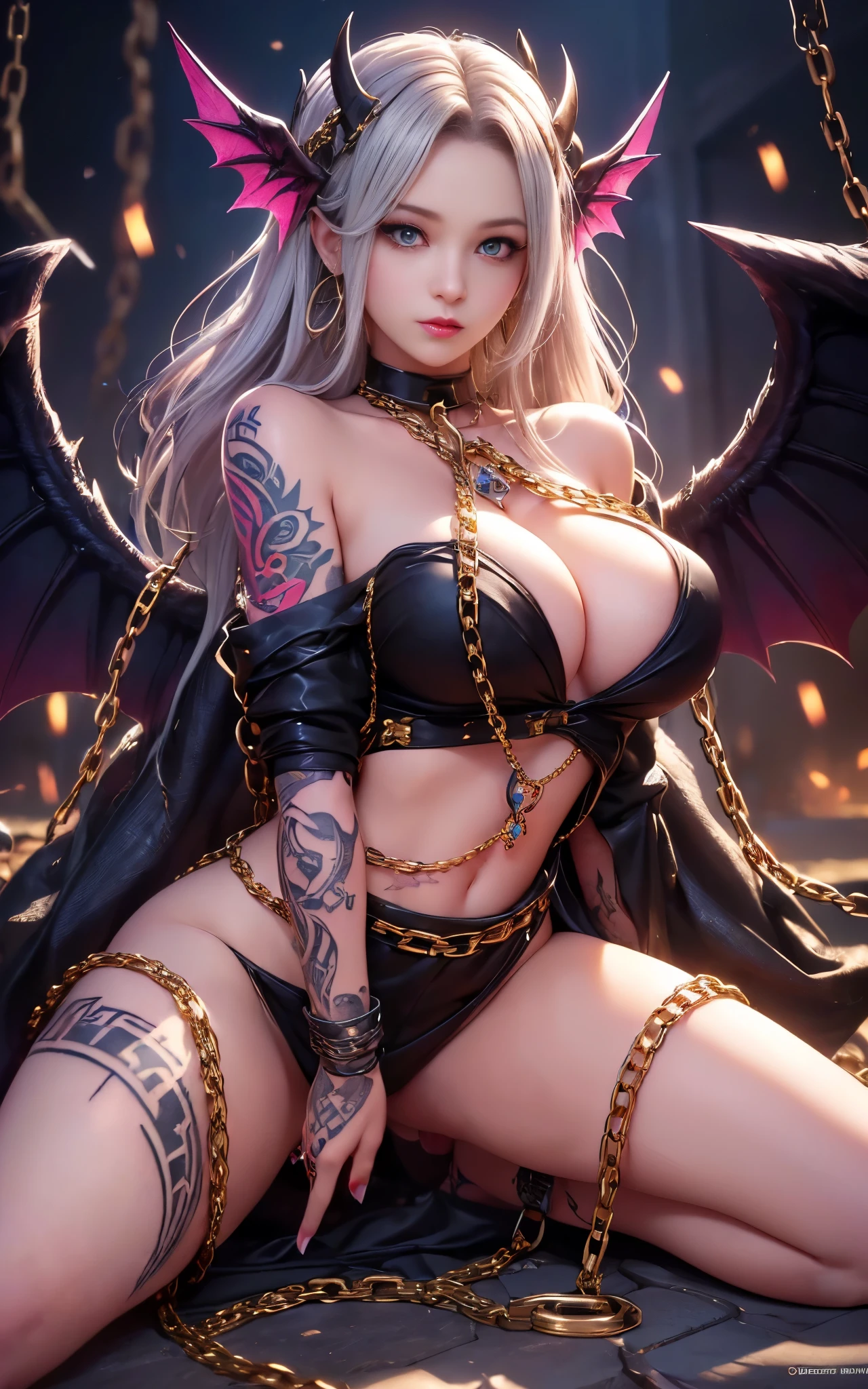 (RAW shooting:1.5, realistic:1.5, dark fantasy:1.5, 8K), (highest quality, masterpiece, ultra high resolution), Desolate demon world, ((perfect dynamic composition:1.7, Detailed tattoos on the whole body:1.6, wears elaborate jewelry:1.6)), Highly detailed skin and facial textures:1.3, (Cute sexy succubus demon with big wings:1.3, beautiful and aesthetic:1.3), prisoner of war, slave, Horn, Fair skin, open your legs, chaos, darkness, (Correctly wear heavily torn clothes off-shoulder:1.3), Huge breasts that are about to explode, Do not show areola, big chest gap, (The expression on your face when you feel intense caress, Facial expression when feeling pleasure, A look drowning in pleasure), beautiful blue eyes, Eyes that feel beautiful eros, sexy face, blush, (Too erotic and cute:0.9, Bewitching:0.9), ((torture:1.5, Lots of chains:1.6, countless chains tangled in clothes:1.6, chain the right arm:1.5, chain the left arm:1.5, Bind the right leg with shackles and chains:1.5, Bind the left leg with shackles and chains:1.5)), (((An incomprehensible amount of liquid flows throughout the body:1.5))), super long blonde curly hair, View from the knee up