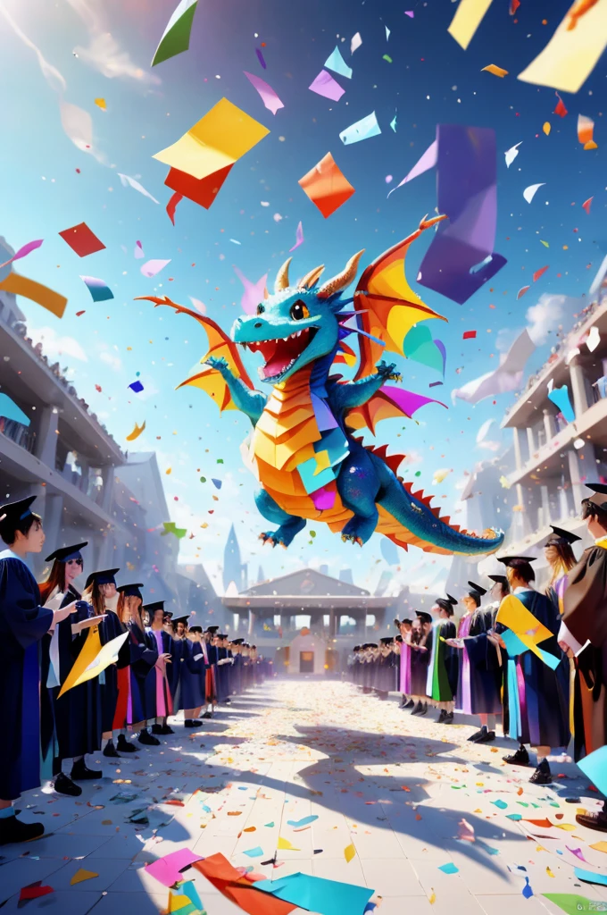 Cute dragon at graduation ceremony, dressed in neat graduation attire, with colorful paper scraps falling from the sky, panoramic view, Ultra high saturation, (best quality, masterpiece, Representative work, official art, Professional, 8k)