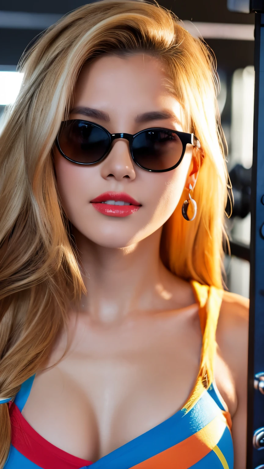 (best quality, ultra-high resolution, real, photorealistic:1.4, 8K), BREAK, a American girl, (full body:1.4), BREAK, detailed hair, long blonde hair, (colorful hair:1.2), hyper-detailed face, hyper-detailed skin, white skin, brown eyes, blushing cheeks, detailed red lips, drunk, BREAK, smile, BREAK, detailed clothings, (muscular body, gym wear:1.3, sunglasses:1.1), BREAK, (in the fitness gym:1.2)