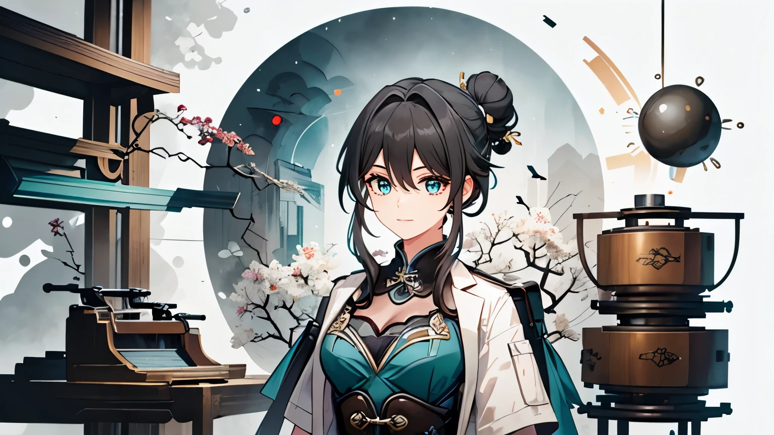 illustration of girl in scientist laboratory, interior, black hair, beakers, tools, equipment, not looking at camera, upper body, Chinese dress, qipao, turquoise eyes, black hair, tied hair, bun, biology, ink smudges, inky, abstract, Chinese aesthetic, Absurd, high resolution, ultra-detailed, (1 girl:1.3),