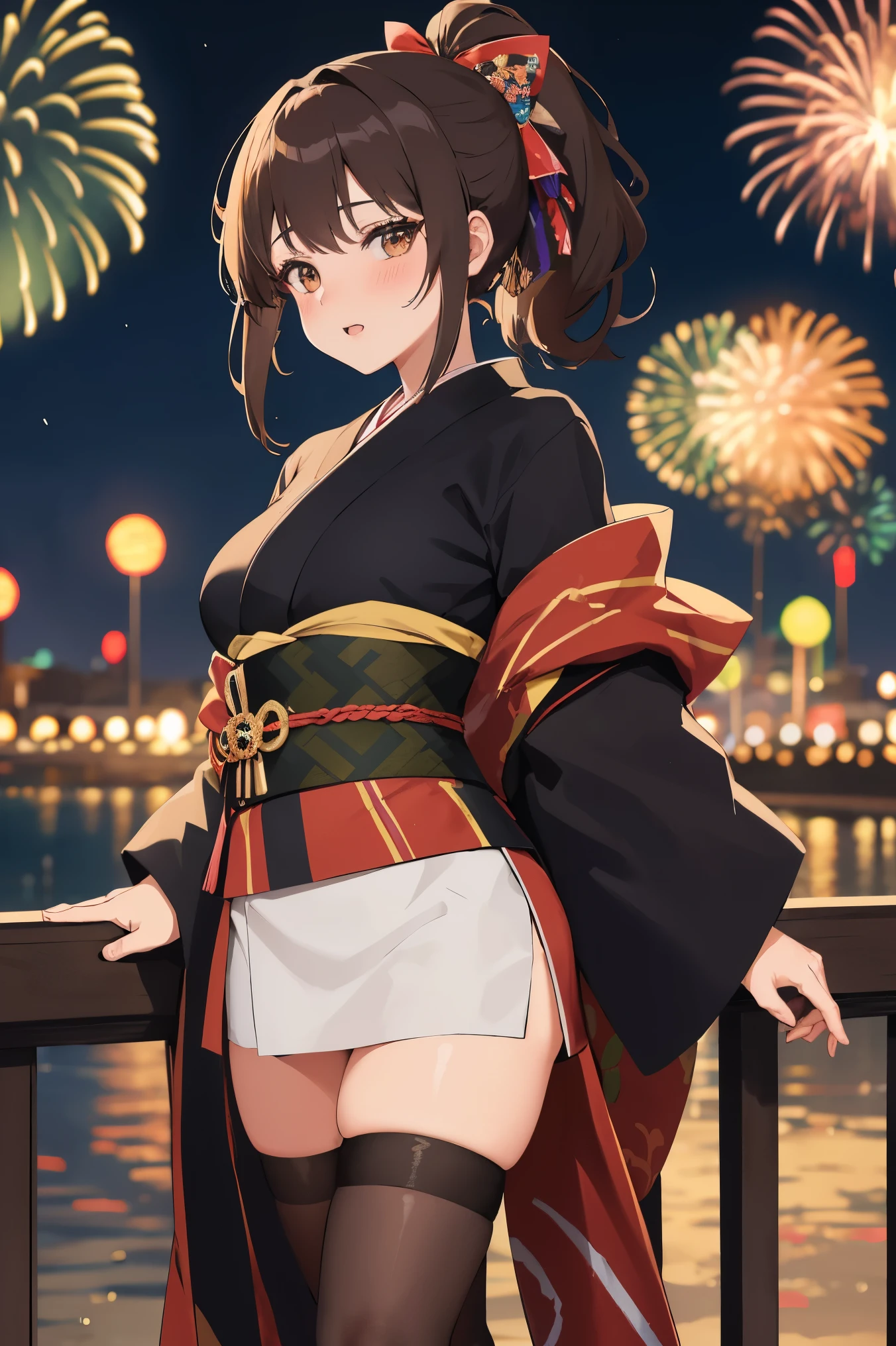 "anime girl, 1 person, dark brown hair, ponytail, ponytail, hairpin, brown eyes, kimono, dark brown kimono, elaborate patterned outfit, stockings, large breasts, blushing  , solo, view from different directions, night, festival, New Year's Eve fireworks, watch fireworks (full HD Image 4K+)"
