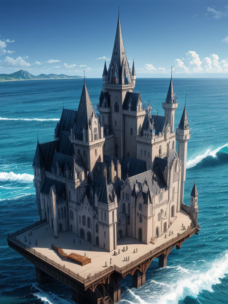 (((masterpiece、Highest image quality、highest quality、highly detailed unity 8kwallpaper)))、((A castle on a lonely island))、(Ocean)、Dock