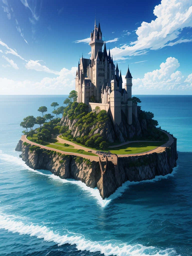 （（（masterpiece、Highest image quality、highest quality、highly detailed unity 8ｋwallpaper）））、（（A castle on a lonely island））、（Ocean）、Dock