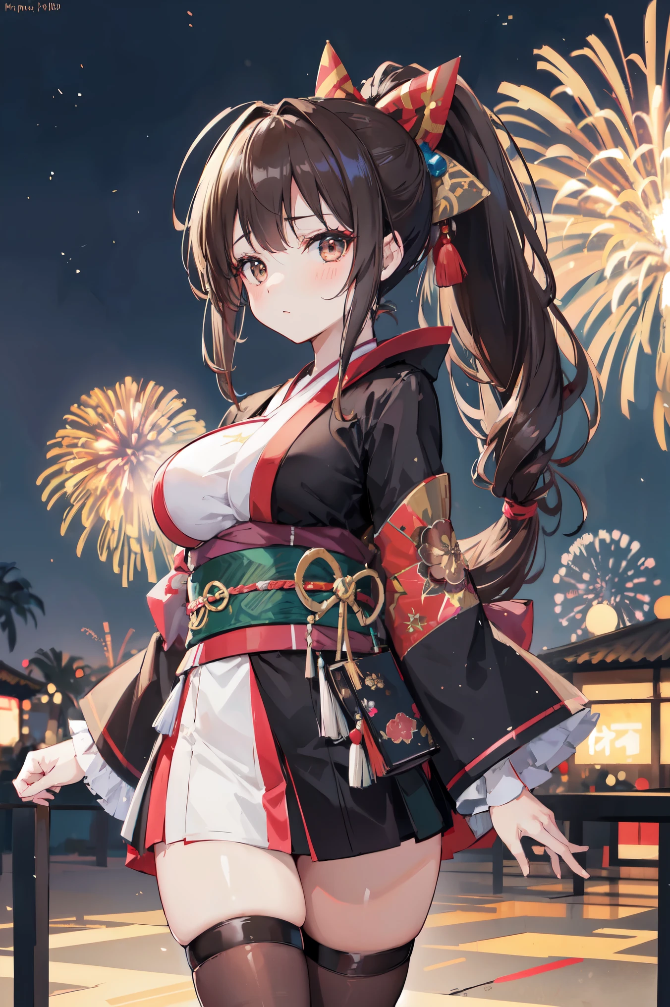 "anime girl, 1 person, dark brown hair, ponytail, ponytail, hairpin, brown eyes, kimono, dark brown kimono, elaborate patterned outfit, stockings, large breasts, blushing  , solo, view from different directions, night, festival, New Year's Eve fireworks, watch fireworks (full HD Image 4K+)"