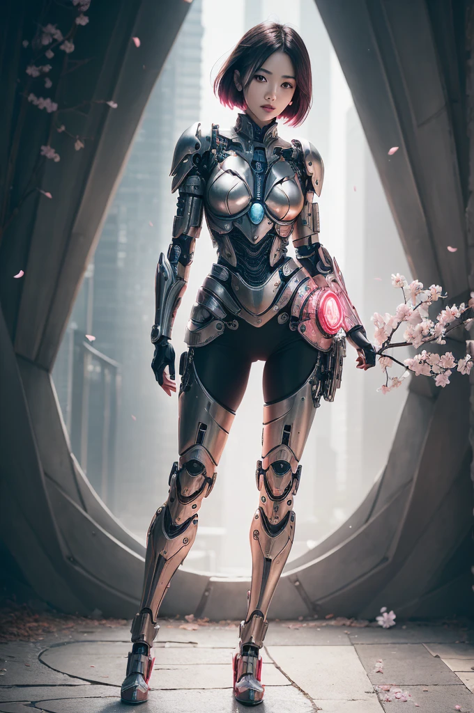 (((full body photo)))beautiful japanese young woman, wearing cyborg armor made of gear, thick symmetrical features, very short hair, background is cherry blossoms, pink aura, red lips, octane render,