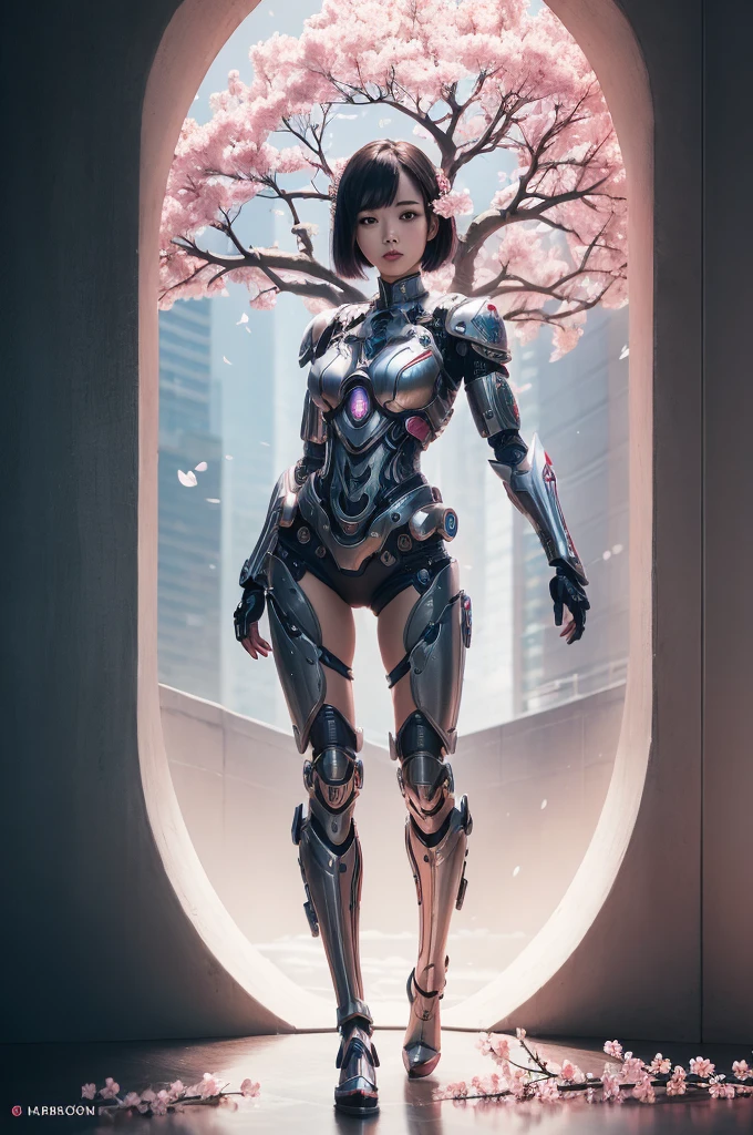(((full body photo)))beautiful japanese young woman, wearing cyborg armor made of gear, thick symmetrical features, very short hair, background is cherry blossoms, pink aura, red lips, octane render,