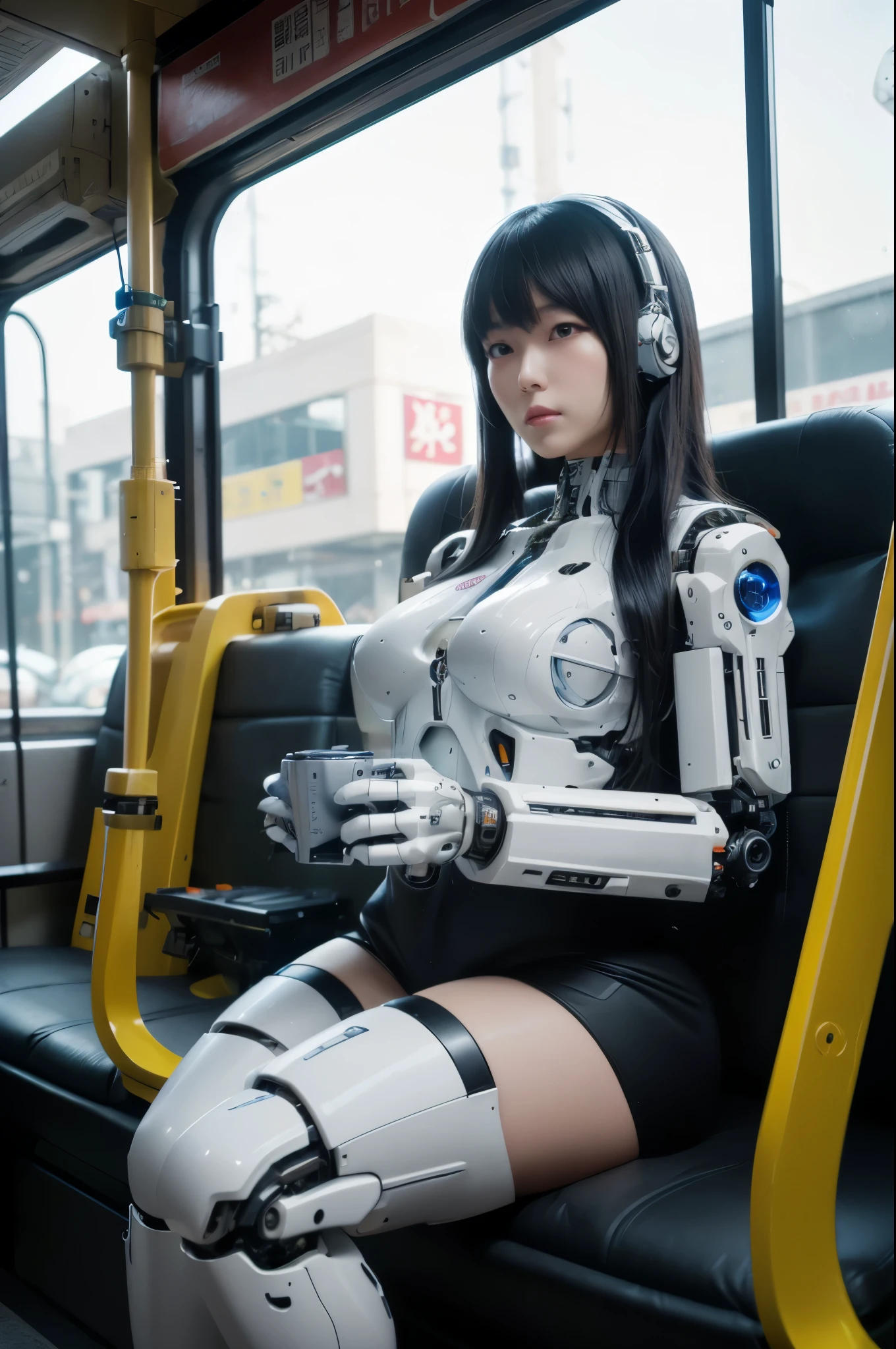 masterpiece, best quality, extremely detailed, Japaese Cyborg girl,Plump , control panels,android,Droid,Mechanical Hand, Robot arms and legs, Black Robot Parts,Black hair,Mechanical body,Blunt bangs,White robotics parts,perfect robot girl,long tube,thick cable connected her neck,ceramic body ,mechanical body, mechanical ear cover, mechanical costume,android,robot,humanoid,cyborg,japanese android woman ,mechanical chest,full eyes,future laboratory,connecting a cable between the legs,