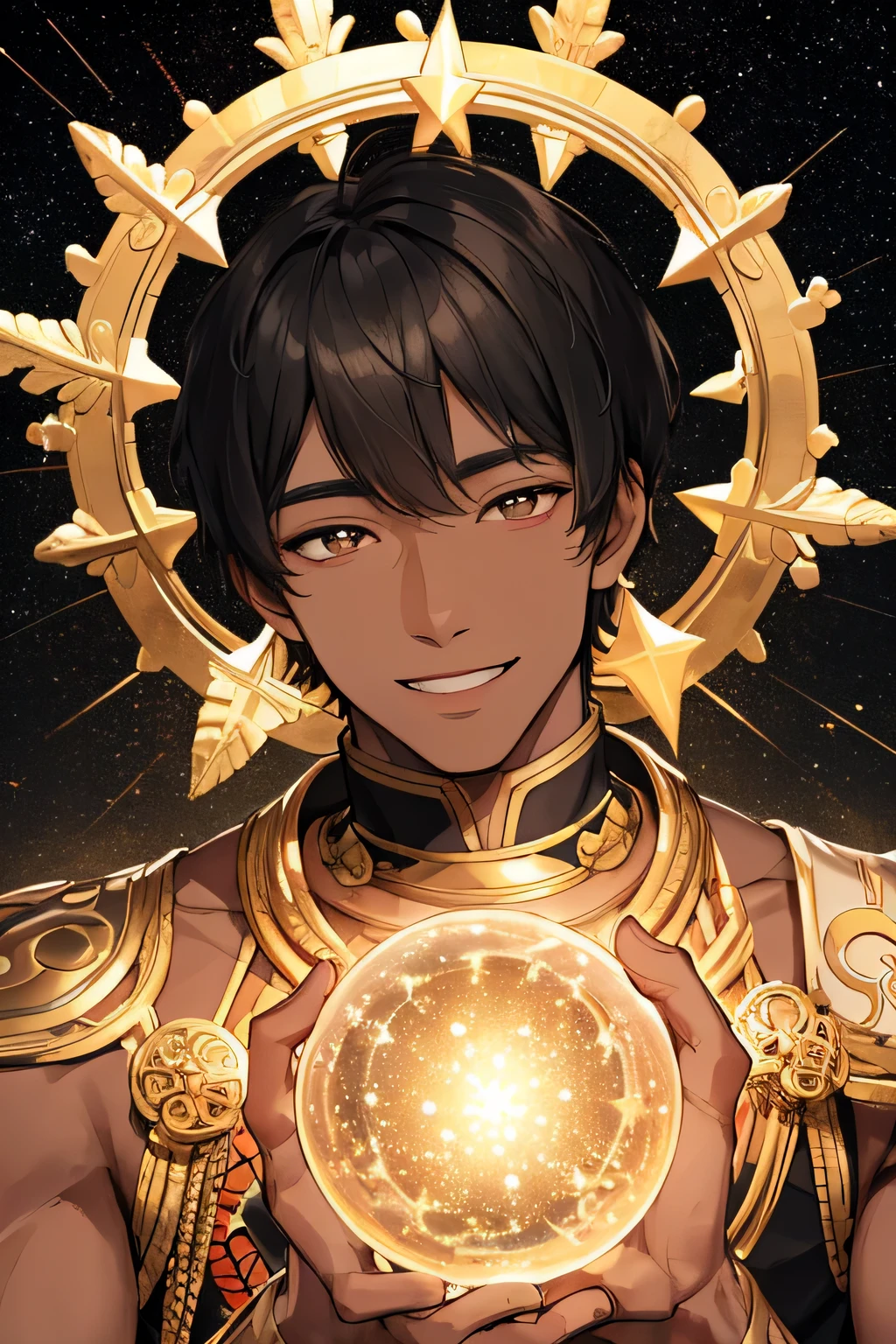 (intricate details)), lens, human development report, ((intricate details, super detailed)), (masterpiece:1.3, high resolution) A muscular black man without a shirt with an aura of bright golden sparkles all around him and smiling with a bright bold halo above his head while in the starry night of space, 1 boy, Golden pupils, dark skin, 黑色short hair (short hair) black sweatpants, facial features (round face, warm smile, halo, White pupils), 发光halo