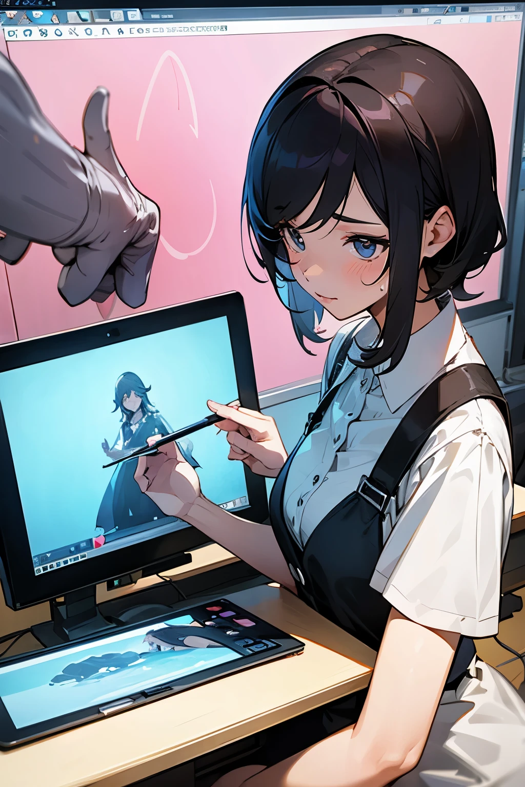 High-resolution image of a young, Innocent idol woman in her 30s, dressed as a professional animator, in a creative studio, working on an animation tablet, with animated characters on screens, showcasing digital artistry and creativity.