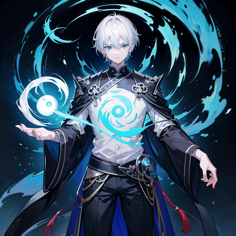 Gorgeous dark atmosphere, 8k ,A man artwork of a man with gray hair and glowing blue eyes, short hair,Feng Shui master,Five elements of yin and yang,Huanglong.,Two-dimensional image, boy,anime characters,The crotch is very big