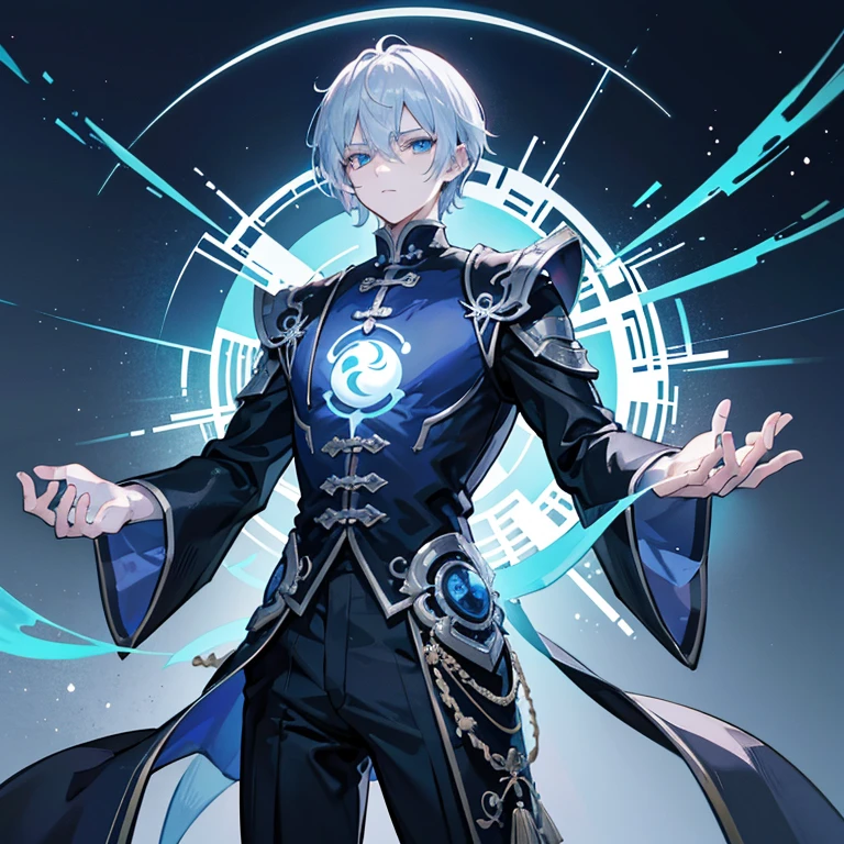 Gorgeous dark atmosphere, 8k ,A man artwork of a man with gray hair and glowing blue eyes, short hair,Feng Shui master,Five elements of yin and yang,Huanglong.,Two-dimensional image,10 year old boy,anime characters,The crotch is very big