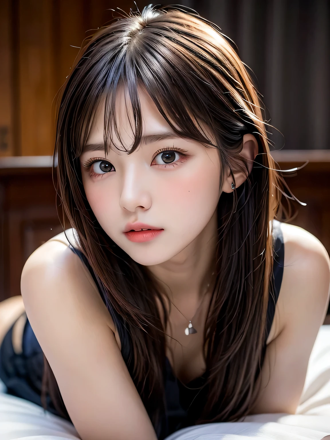 NSFW、(masterpiece, highest quality, Super detailed), (((1 boy and 1 girl, Have sex in bed, Cowgirl, girl on top, vapor))), beautiful and detailed eyes, medium hair,natural color lip,necklace, (((Lie on your side))), (body facing forward,face to face:1.3), 20 year old girl, cowboy shot