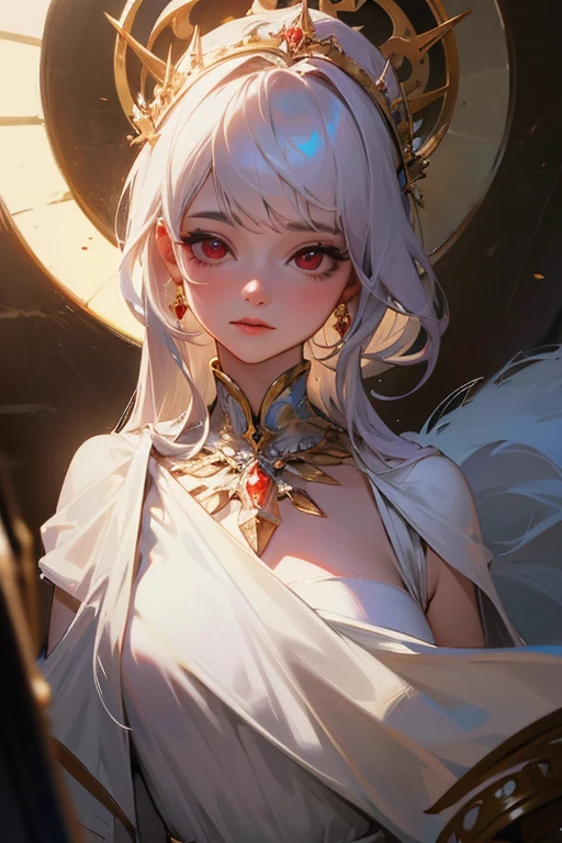 (highest quality, masterpiece:1.2), High resolution, super detailed, realistic:1.37, fantasy, An illustration, red eyes, Queen, white dress.