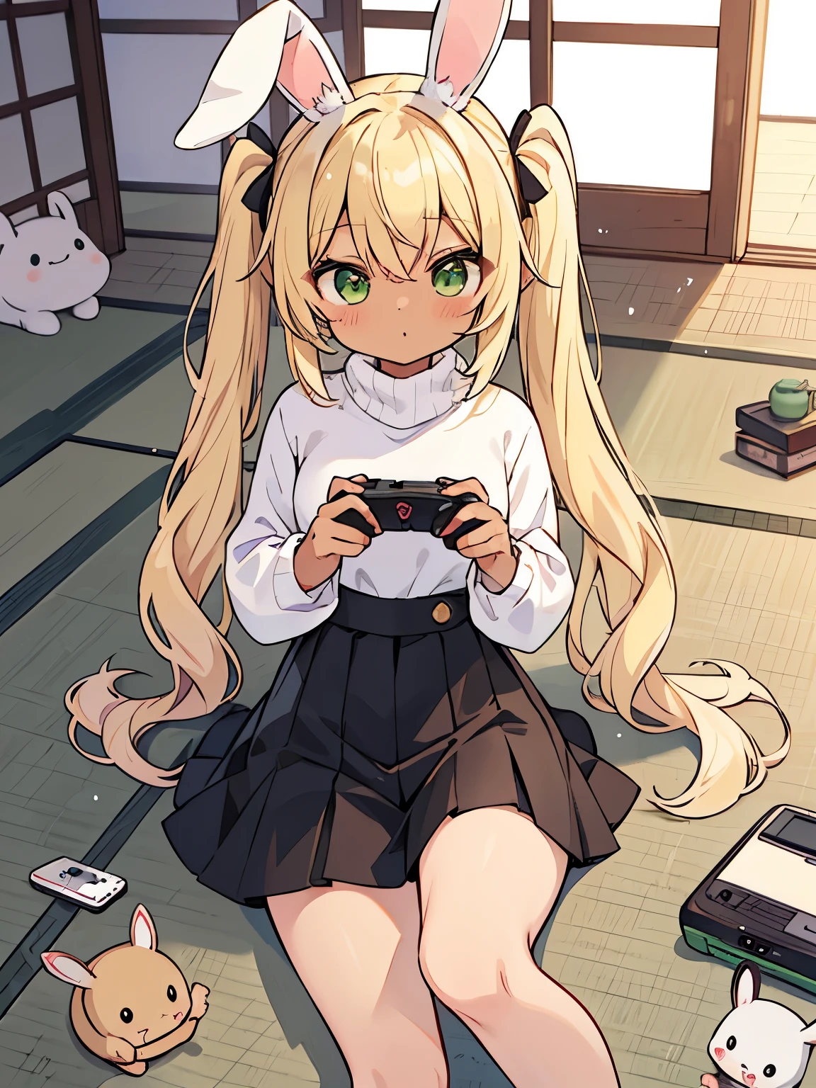 cute, tatami, blonde, green eyes, brown skin, rabbit ears,Rabbit, twin tails, black turtleneck and white skirt, portable game console, It's rolling around, I'm playing a game, Tsundere, たくさんのRabbit, Deformed
