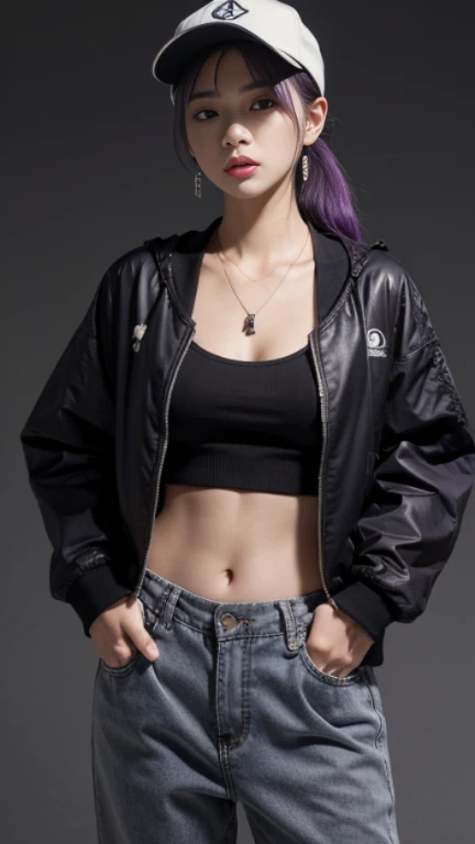 Screen description full reference copy 1girl，solo，long hair，looking at the audience，black hair，Gloves，hat，belly button，jewelry，stand，jacket，ponytail，purple hair，shooting，earrings，Open clothes，necklace，abdomen，Pants，sword，无指Gloves，necklace，taupe，character name，开放式jacket，lips，Cut the top，hands on hips，torn clothes，黑色necklace，黑色Pants，perforation，cover，Samurai sword，black background，Ear piercing，Mole under the mouth，baseball cap，jacket，环earrings，紫色jacket，Purple headwear，撕破的Pants