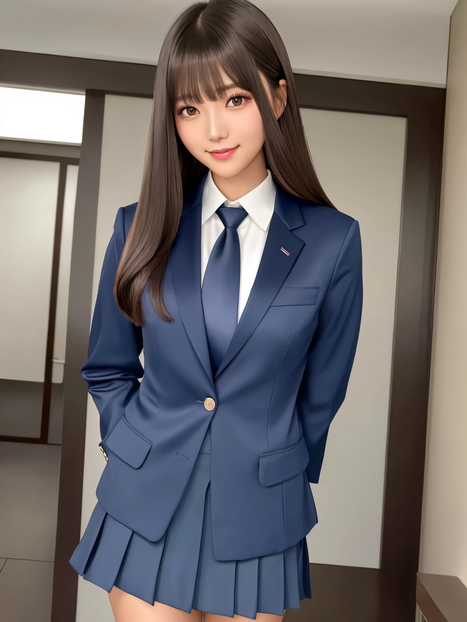 product quality, 1girl, upper body shot, front view, a Japanese young pretty girl, long bob hair, standing with a big smile on a crowded classroom in a high school, glamorous figure, wearing a dark blue blazer over a white collared silky satin shirt, shiny satin dark blue plain long tie, dark blue pleated long skirt, hyper cute face, glossy lips, double eyelids in both eyes, natural makeup, long eyelashes, shiny smooth light brown long bob hair, asymmetrical bangs, a tanned skin, central image, high resolution, high detail, detailed hairstyle, detailed face, spectacular cinematic lighting, octane rendering, vibrant, hyper realistic, perfect limbs, perfect anatomy