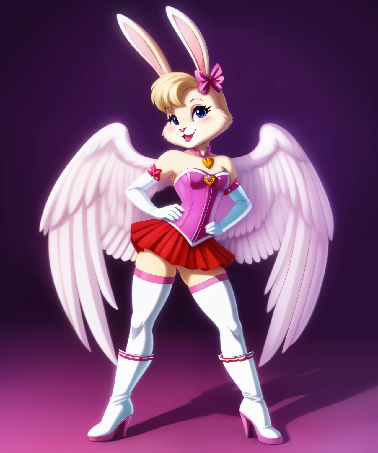 Female anthro rabbit as an magical girl, pink corset, white long gloves, white boots, white soft wings, pink lipstick, 1980’s cartoon