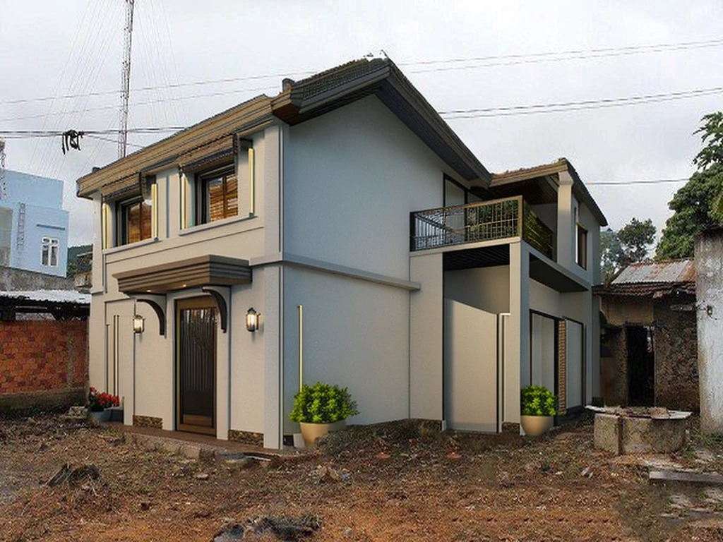 Modern townhouse, combining neoclassical style, street, car running in front of the house, (LoGo:1.5 not appearing), Modern Style, Extremely detailed image, masterpiece, surreal, rendered by vray 2023, 8k rendering, White walls, aluminum glass doors and windows, large yard covered with ceramic tiles, Natural light, cloudy, daytime a few clusters of beautiful small flower pots 8K